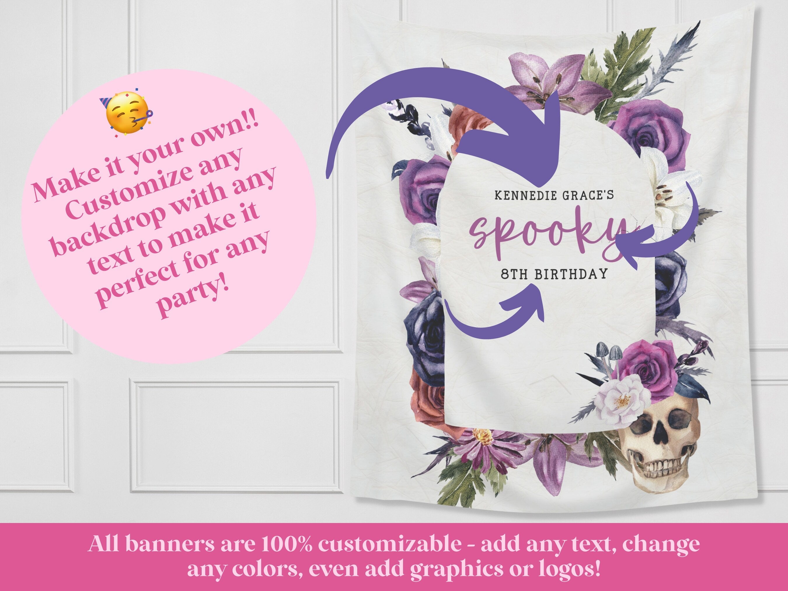 Gothic Chic Watercolor Floral Skull Custom Text Banner