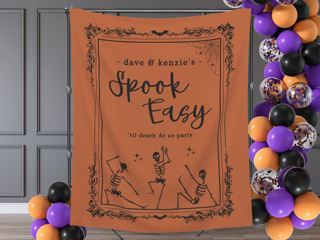 Spook Easy Custom Name Banner | Customizable Text Halloween Party Backdrop | Dancing Skeleton Birthday, Fall Festival, Business Shop Décor