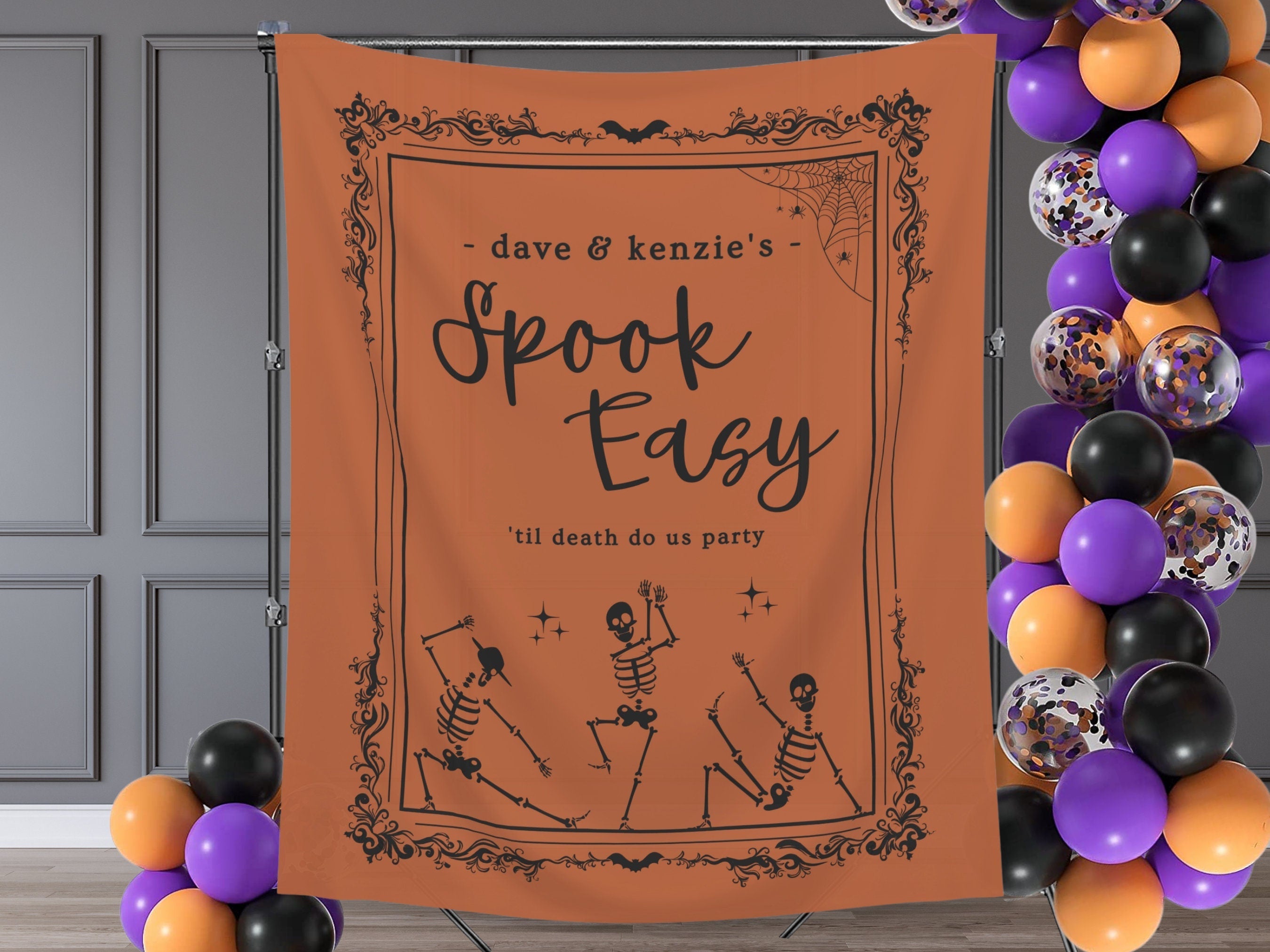 Spook Easy Custom Name Banner | Customizable Text Halloween Party Backdrop | Dancing Skeleton Birthday, Fall Festival, Business Shop Décor