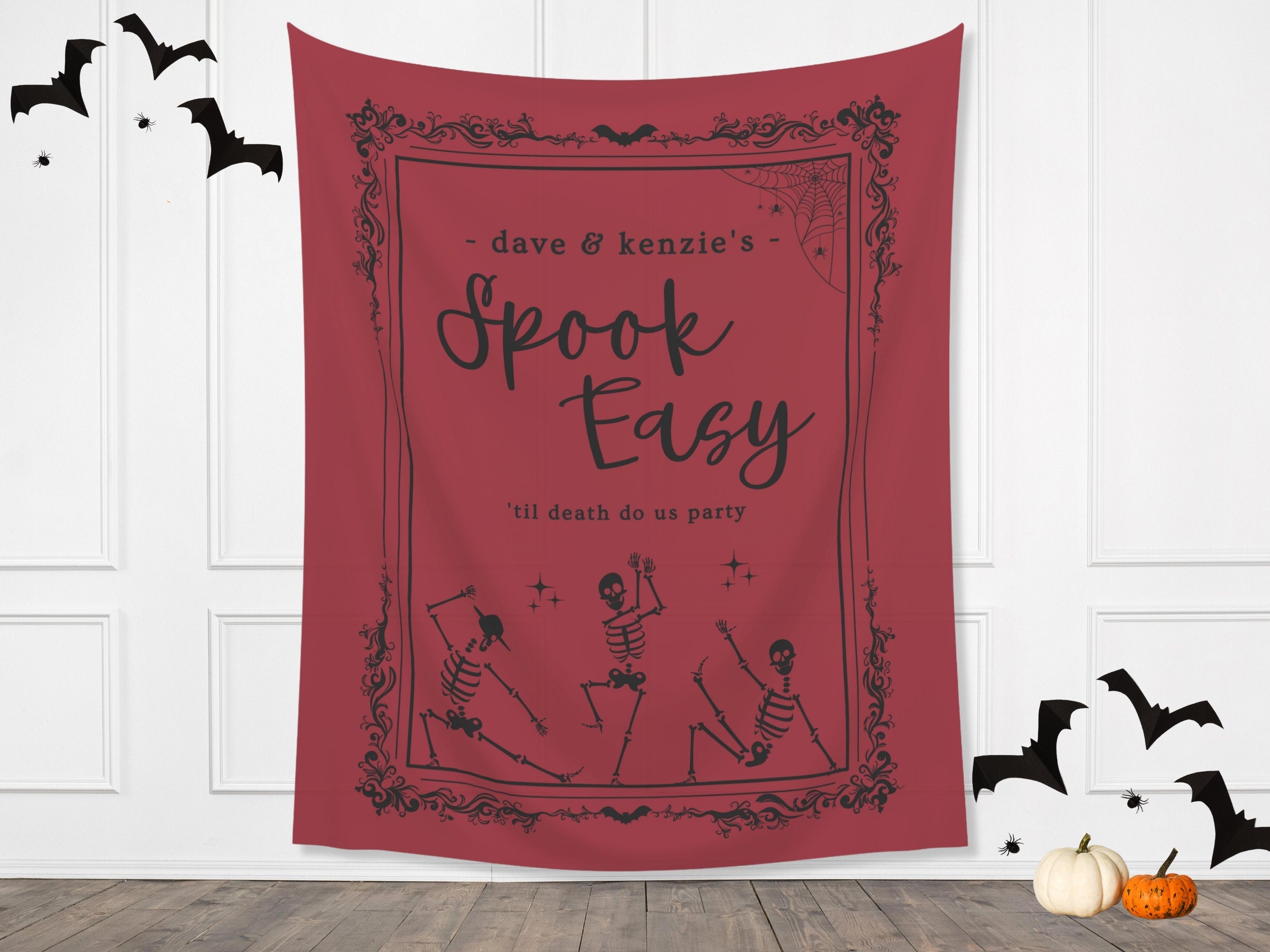 Spook Easy Custom Name Banner | Customizable Text Halloween Party Backdrop | Dancing Skeleton Birthday, Fall Festival, Business Shop Décor