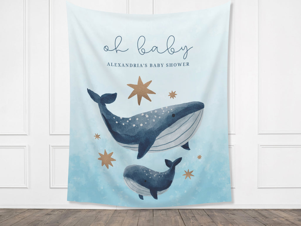 Coastal Whale Custom Baby Shower Backdrop | Nautical Ahoy It's a Boy | Gender Neutral | Personalized Under the Sea Party Banner Décor