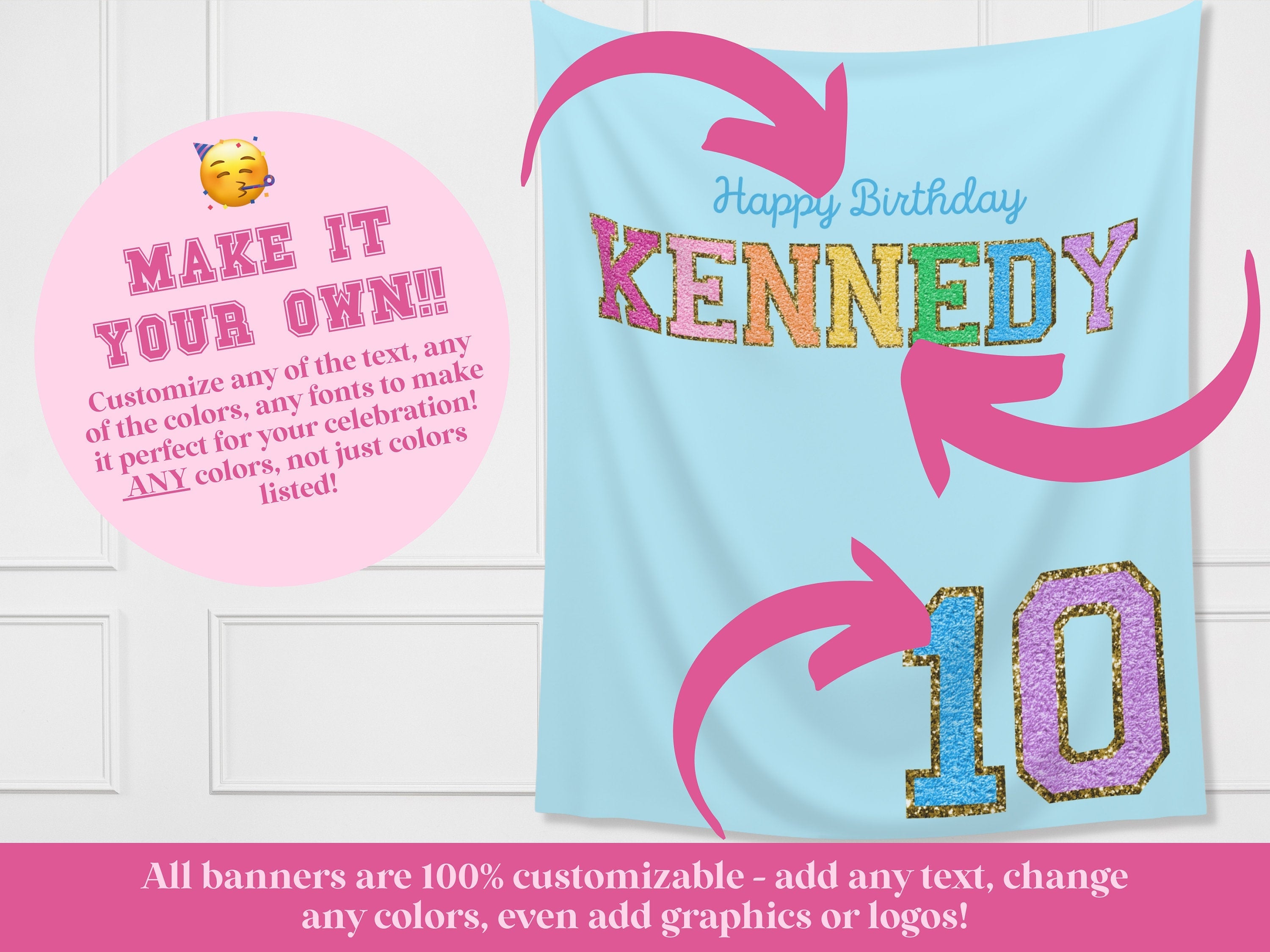 Preppy Patch Glitter Letter Custom Party Banner Backdrop