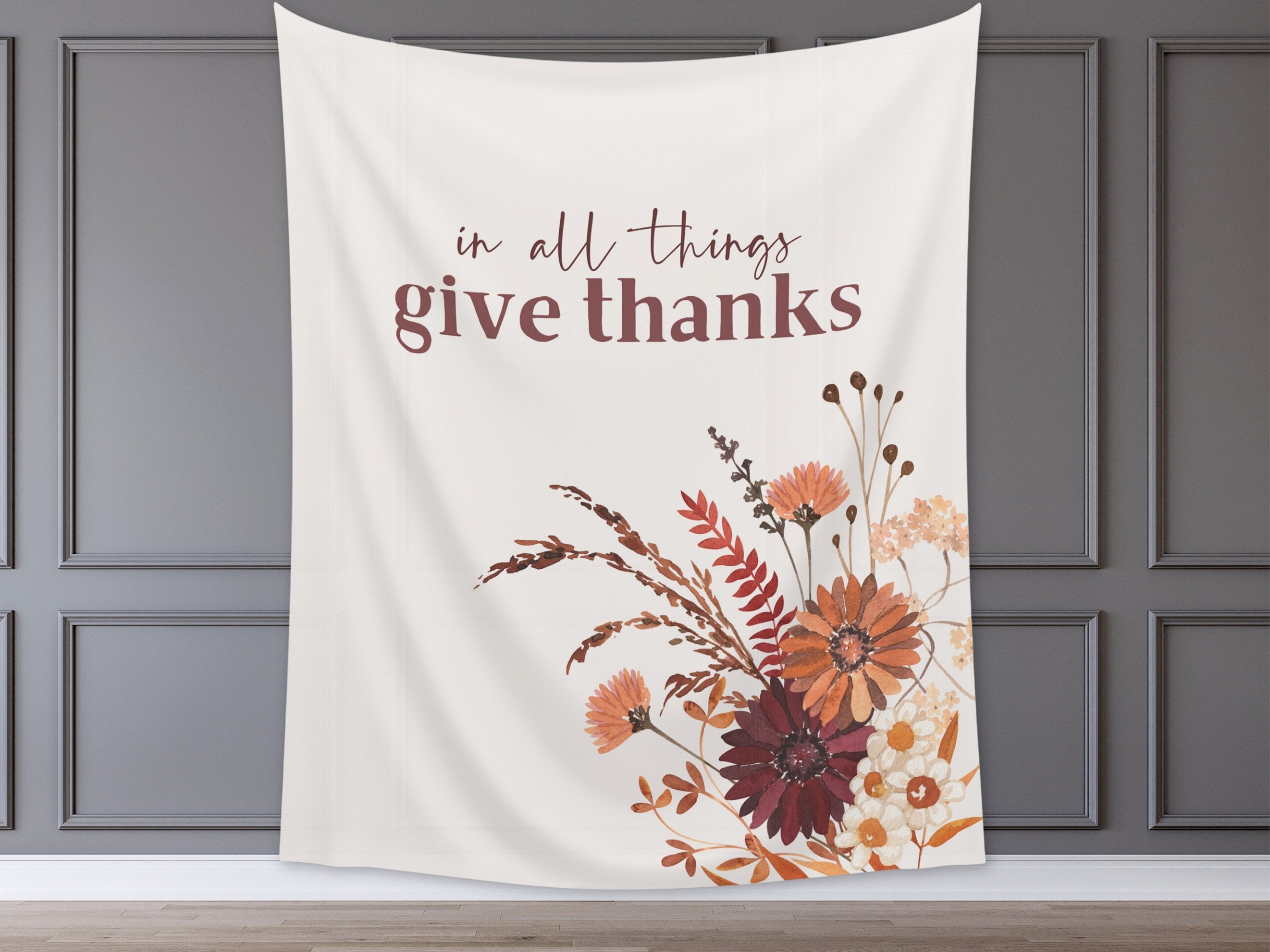 In All Things Give Thanks Boho Fall Wildflower Custom Banner | Custom Friendsgiving Party Backdrop for Balloon Garland | Thanksgiving Décor