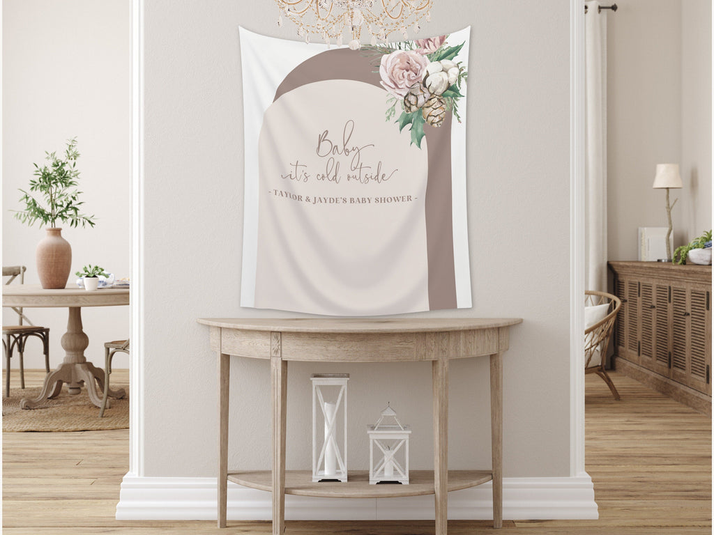 Baby It's Cold Outside Floral Arch Custom Baby Shower Banner | Winter Mistletoe Party Backdrop for Balloon Garland | Woodlands Wonderland