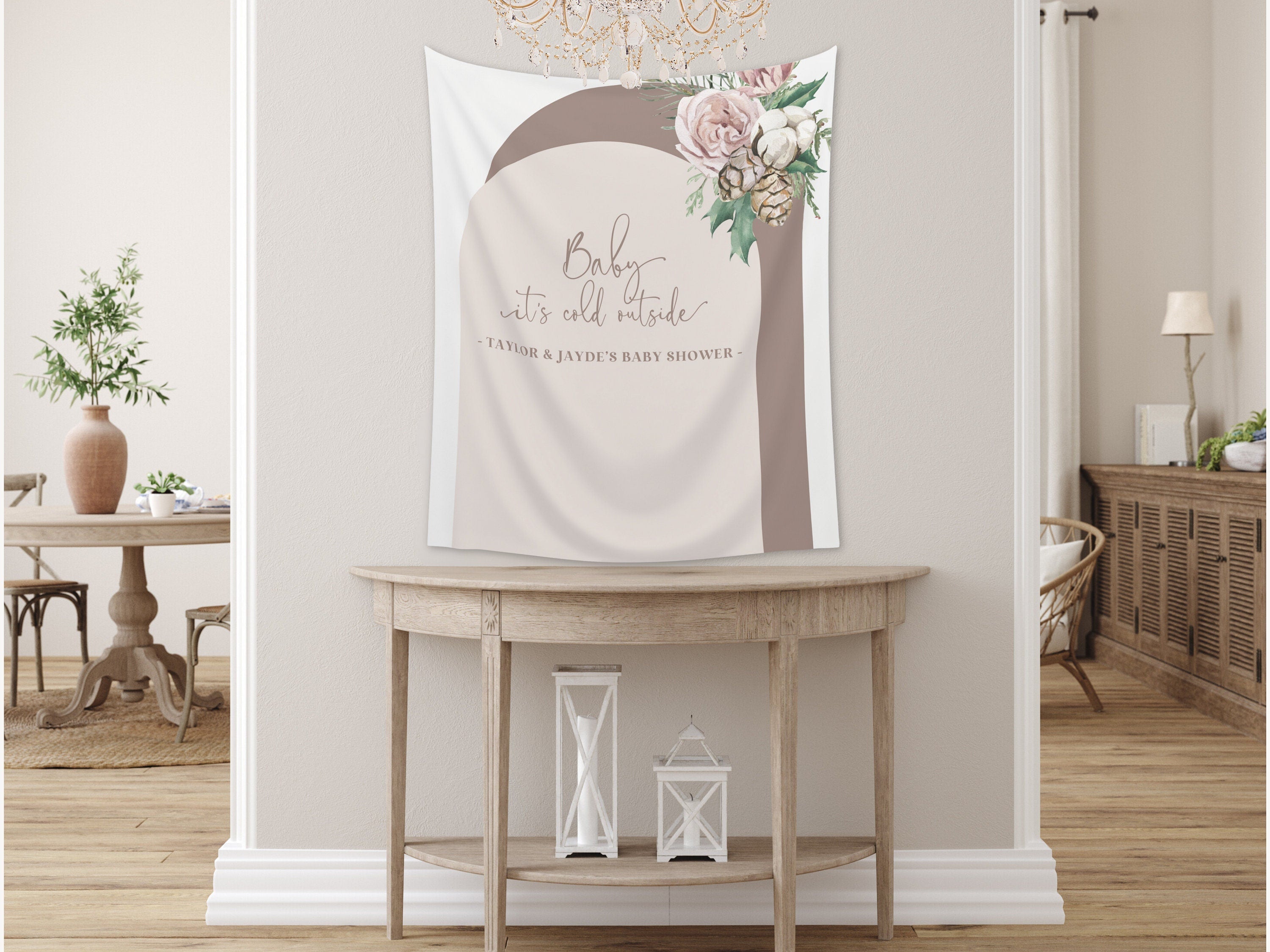 Baby It's Cold Outside Floral Arch Custom Baby Shower Banner | Winter Mistletoe Party Backdrop for Balloon Garland | Woodlands Wonderland