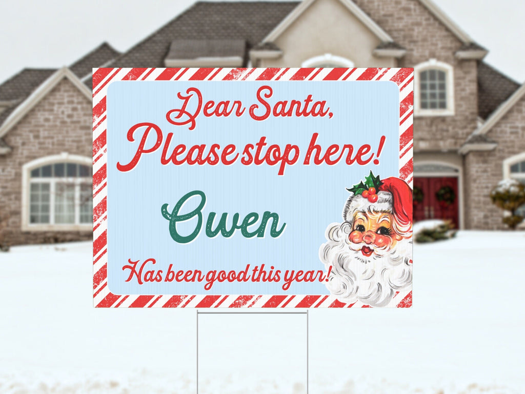 Santa Stop Sign Custom Yard Décor | Retro Pink Christmas Outdoor Sign with Stake | Gift from Elf Scene | Stop Here | Christmas Gift for Kids