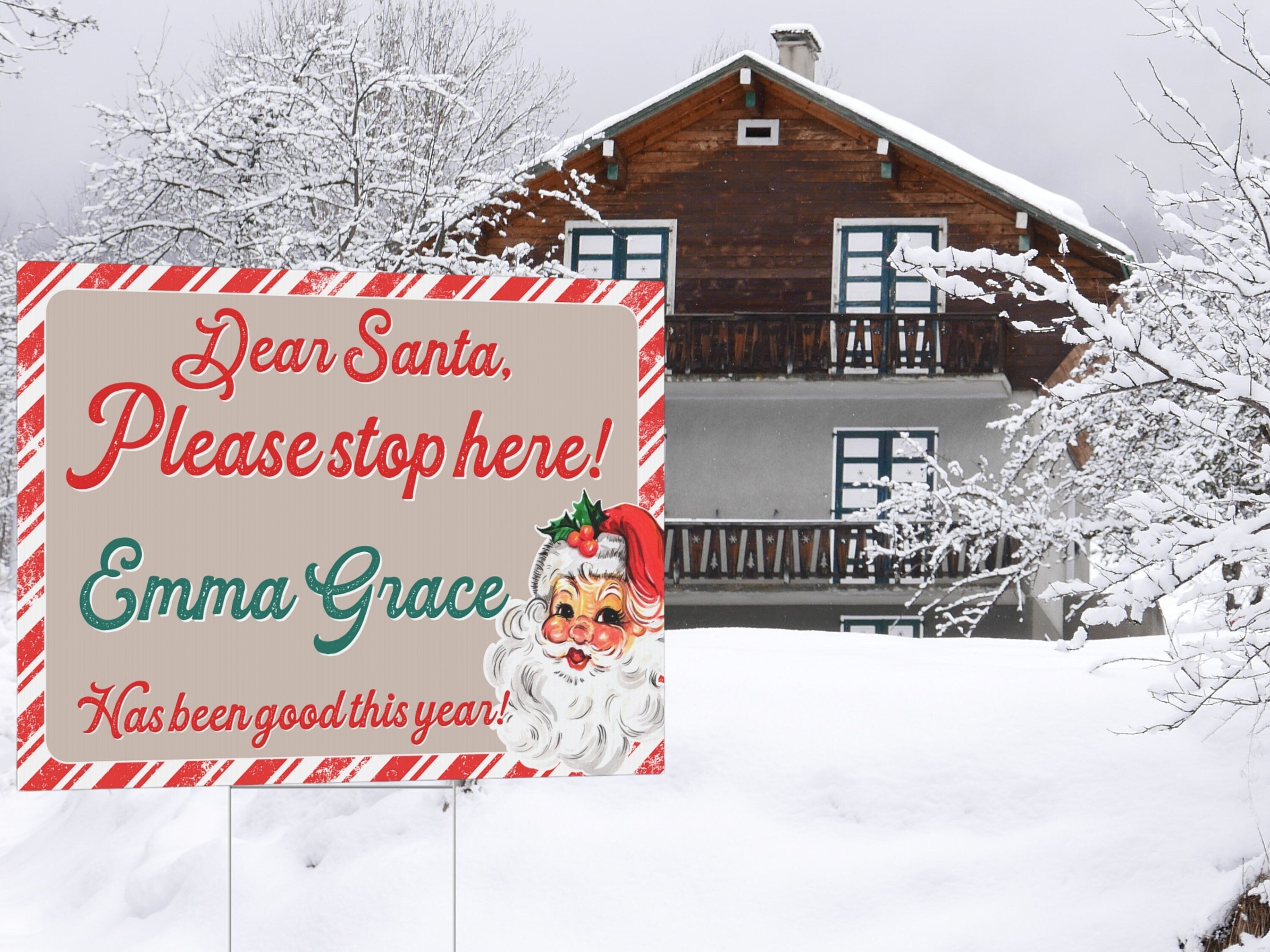 Santa Stop Sign Custom Yard Décor | Retro Pink Christmas Outdoor Sign with Stake | Gift from Elf Scene | Stop Here | Christmas Gift for Kids