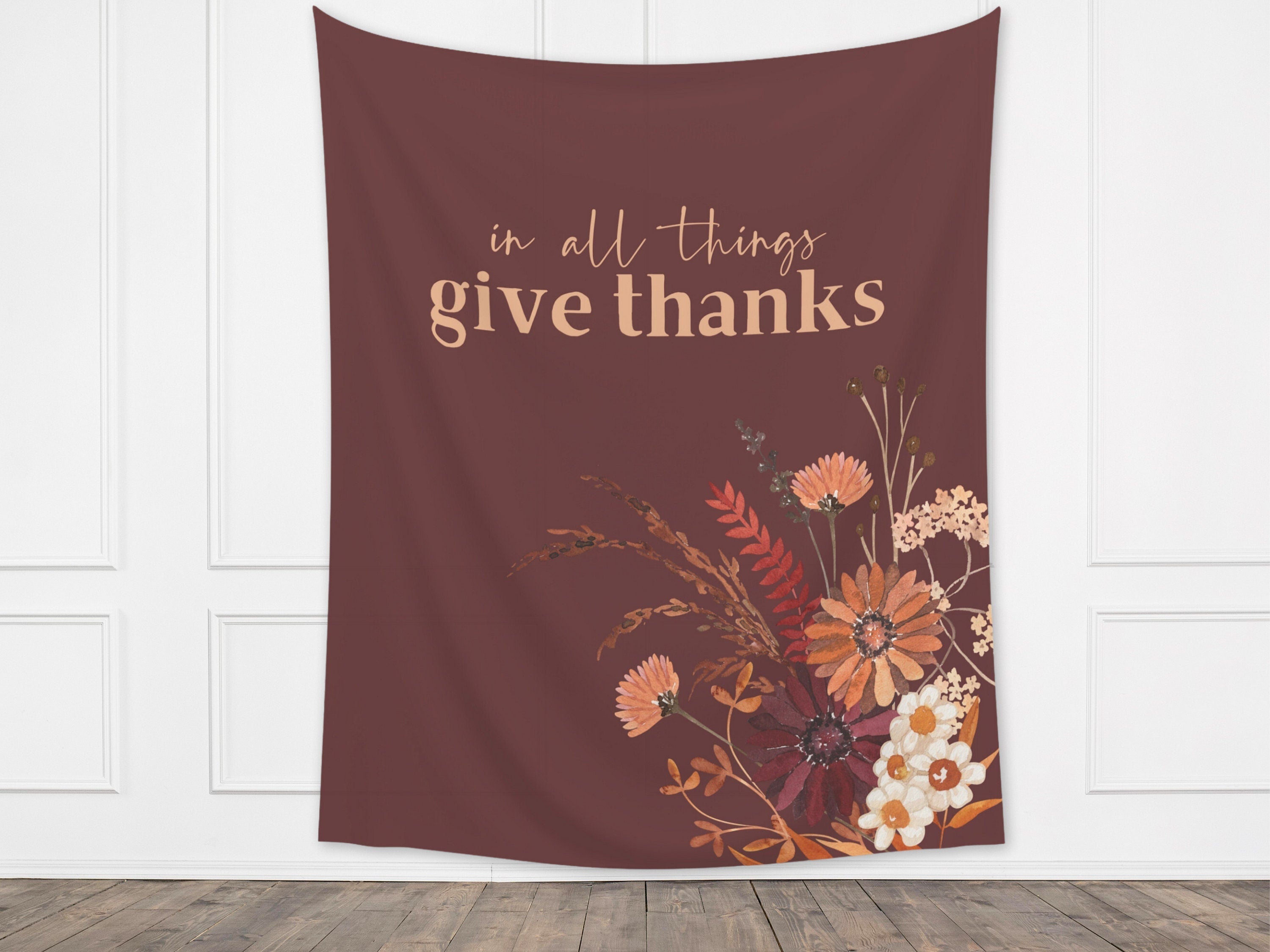 In All Things Give Thanks Boho Fall Wildflower Custom Banner | Custom Friendsgiving Party Backdrop for Balloon Garland | Thanksgiving Décor