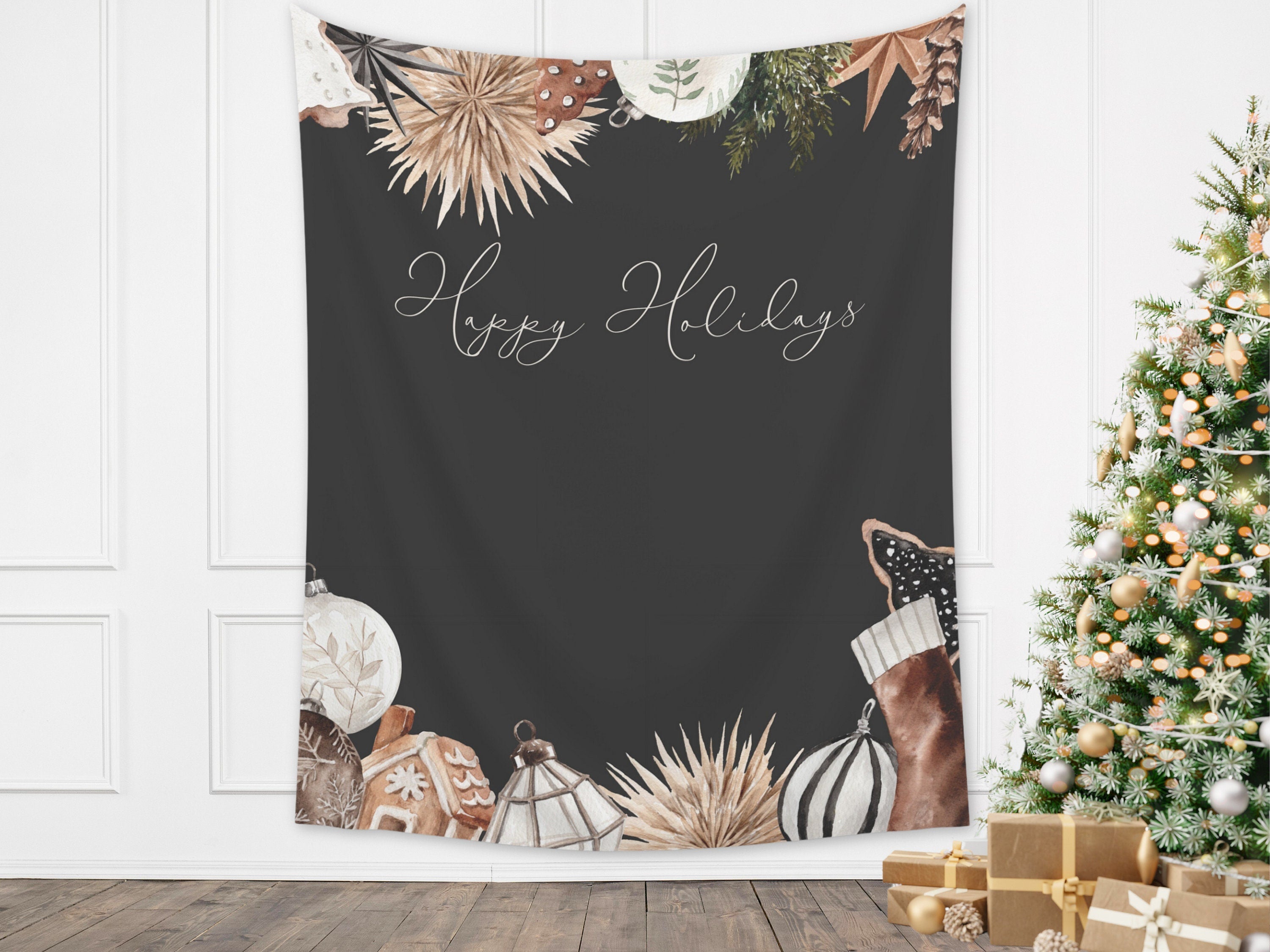 Cozy Chic Custom Holiday Banner | Black Christmas Party Backdrop for Balloon Garland | Rustic Boho Party or Shower Décor | Watercolor Wreath