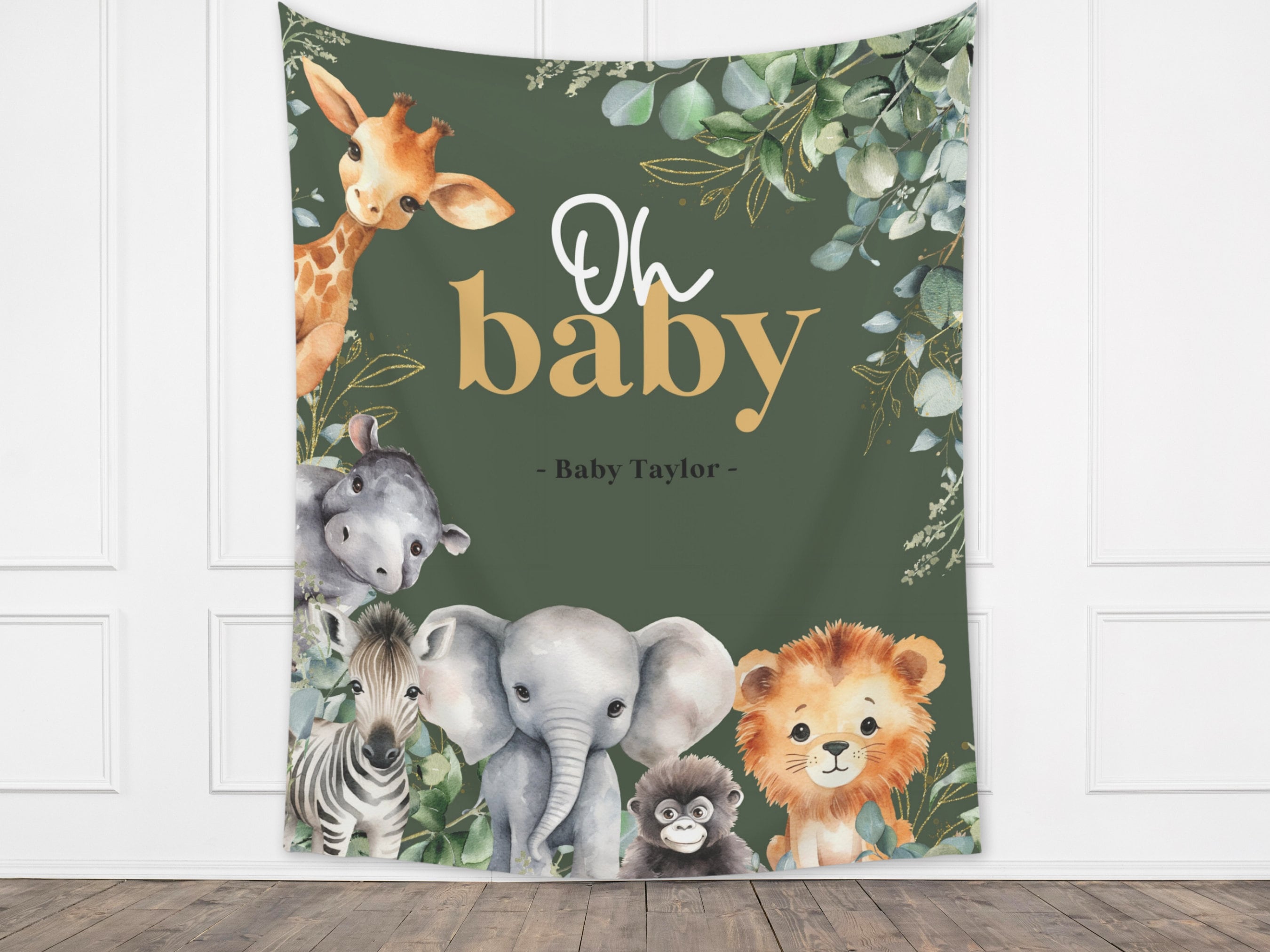 Safari Animal Baby Shower Banner | Jungle Custom Party Greenery Backdrop | Sage Green Gender Neutral | A Little Wild One | Wild Animals
