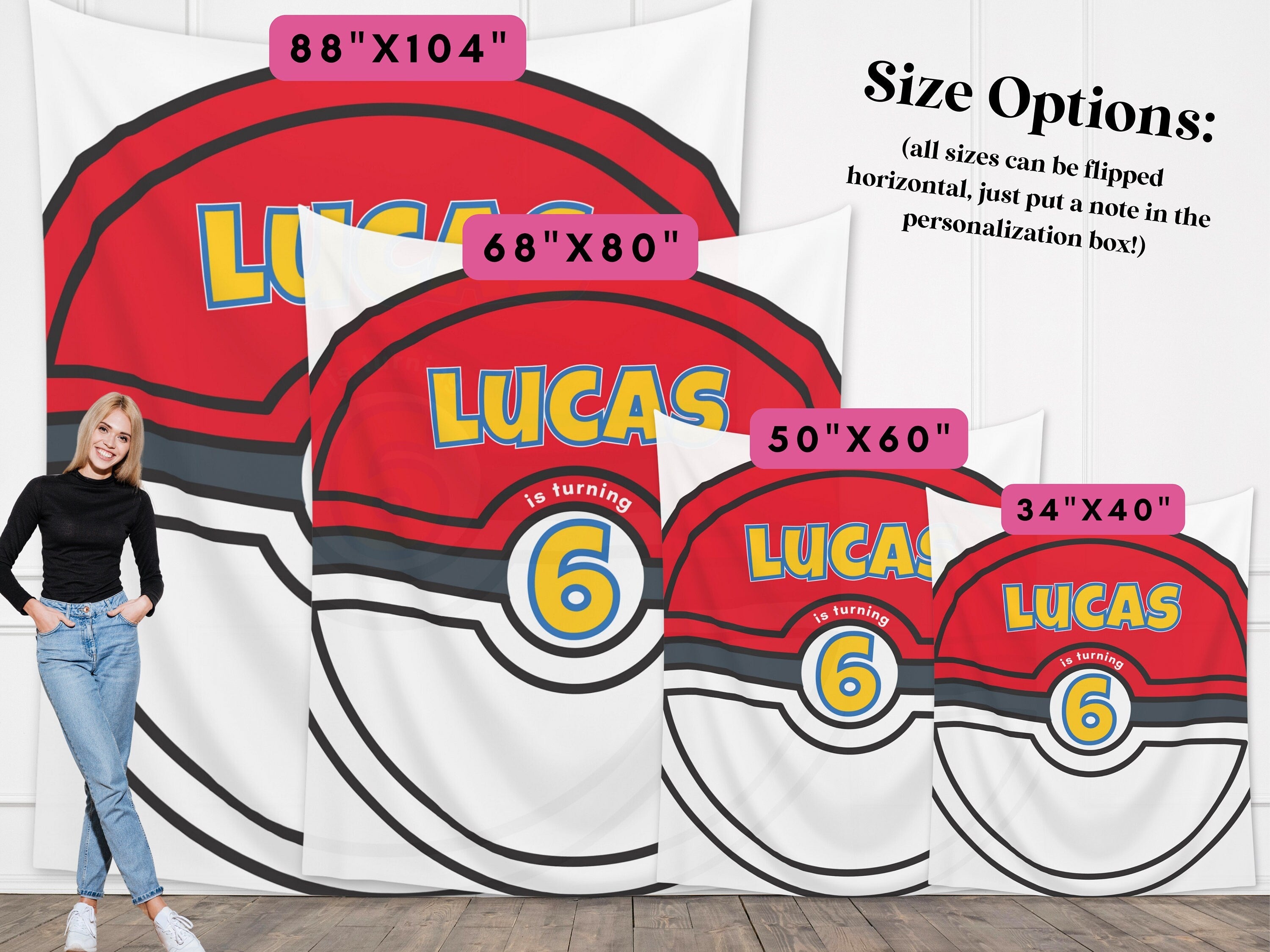 Cartoon Custom Birthday Ball Backdrop | Boy Birthday Party Theme | Red and White Ball or Gold Ball | Poke Party Decorations | Anime Cards