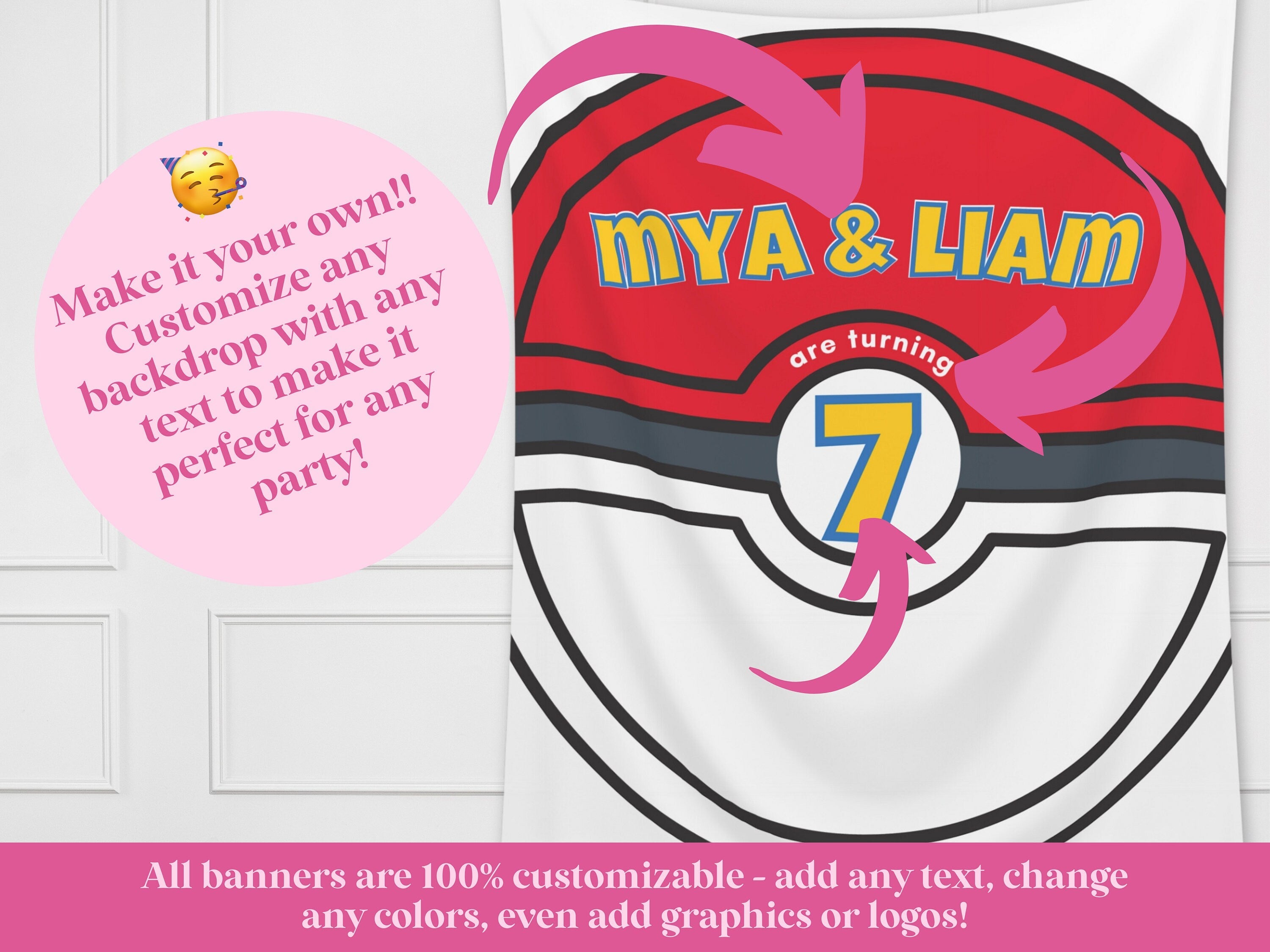Cartoon Custom Birthday Ball Backdrop | Boy Birthday Party Theme | Red and White Ball or Gold Ball | Poke Party Decorations | Anime Cards