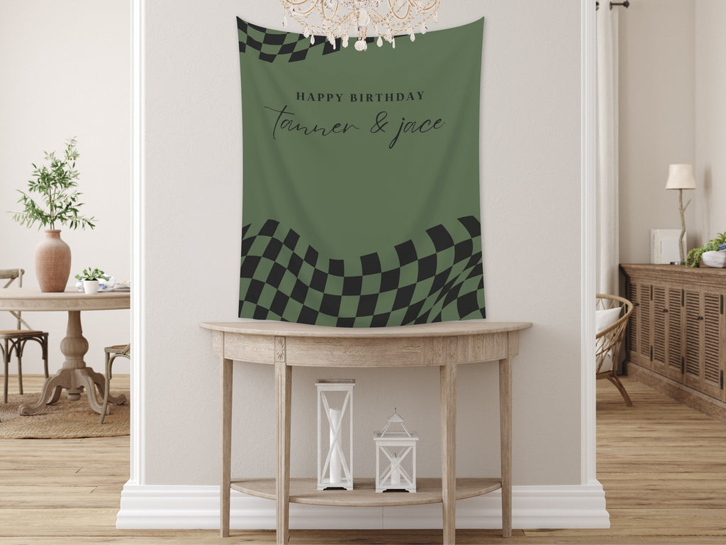 Custom Retro Birthday Banner | Boy Birthday Party Theme | Checkered Flag Banner | Two Fast Birthday Backdrop | Retro Race Car | Two Cool