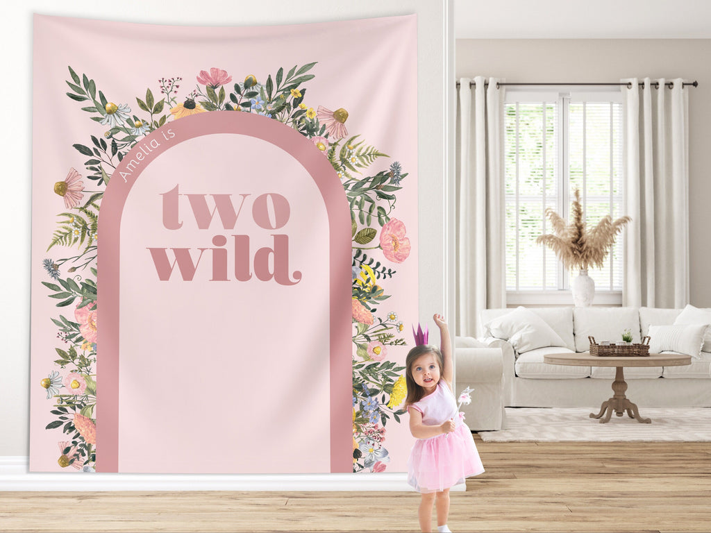 Two Wild Custom Text Backdrop, She's a Little Wildflower, Custom 2nd Birthday Party Backdrop, Girl Birthday, Boho Birthday, Retro Flowers
