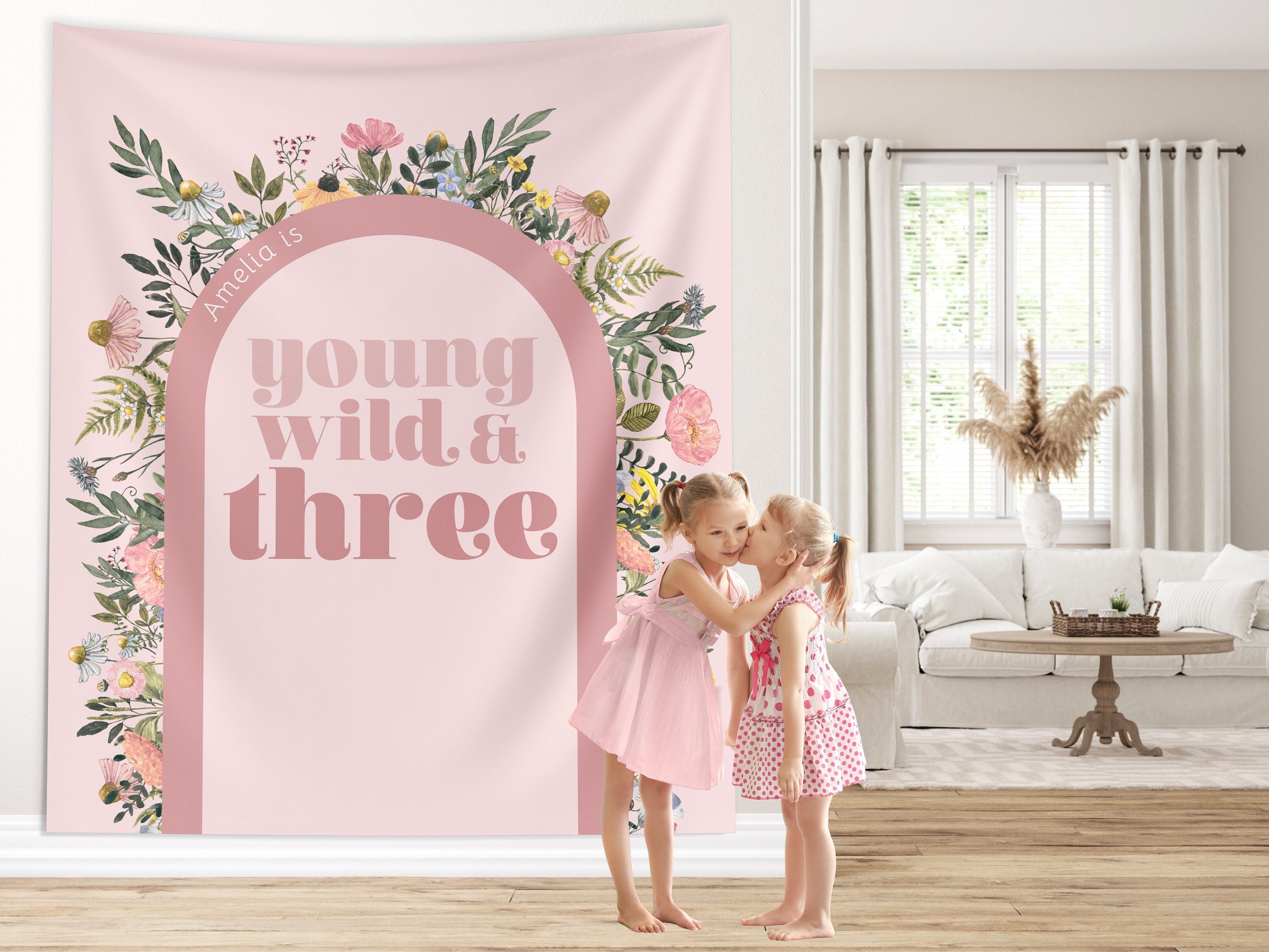 Young Wild Three Custom Backdrop, She's a Little Wildflower, Custom 3rd Birthday Party Backdrop, Girl Birthday, Boho Birthday, Retro Flowers