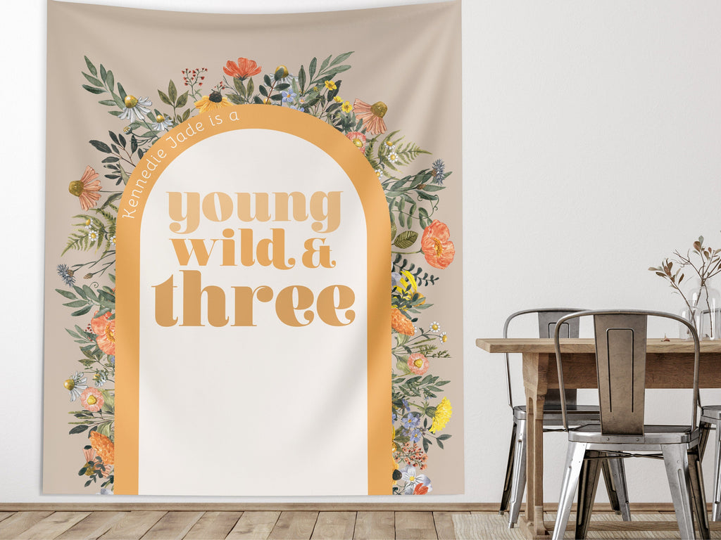 Young Wild Three Custom Backdrop, She's a Little Wildflower, Custom 3rd Birthday Party Backdrop, Girl Birthday, Boho Birthday, Retro Flowers