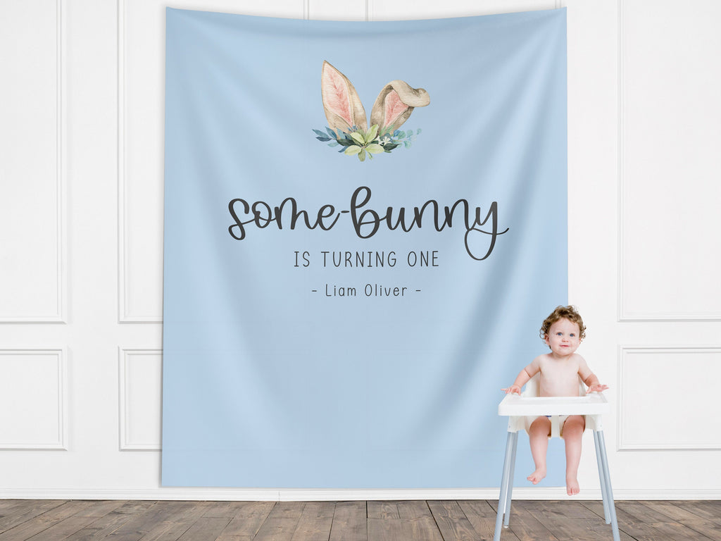 Some Bunny is Turning One Custom Banner,  Bunny Ears Shower Backdrop, Personalized Easter Spring 1st, 2nd or 3rd Birthday Party Banner