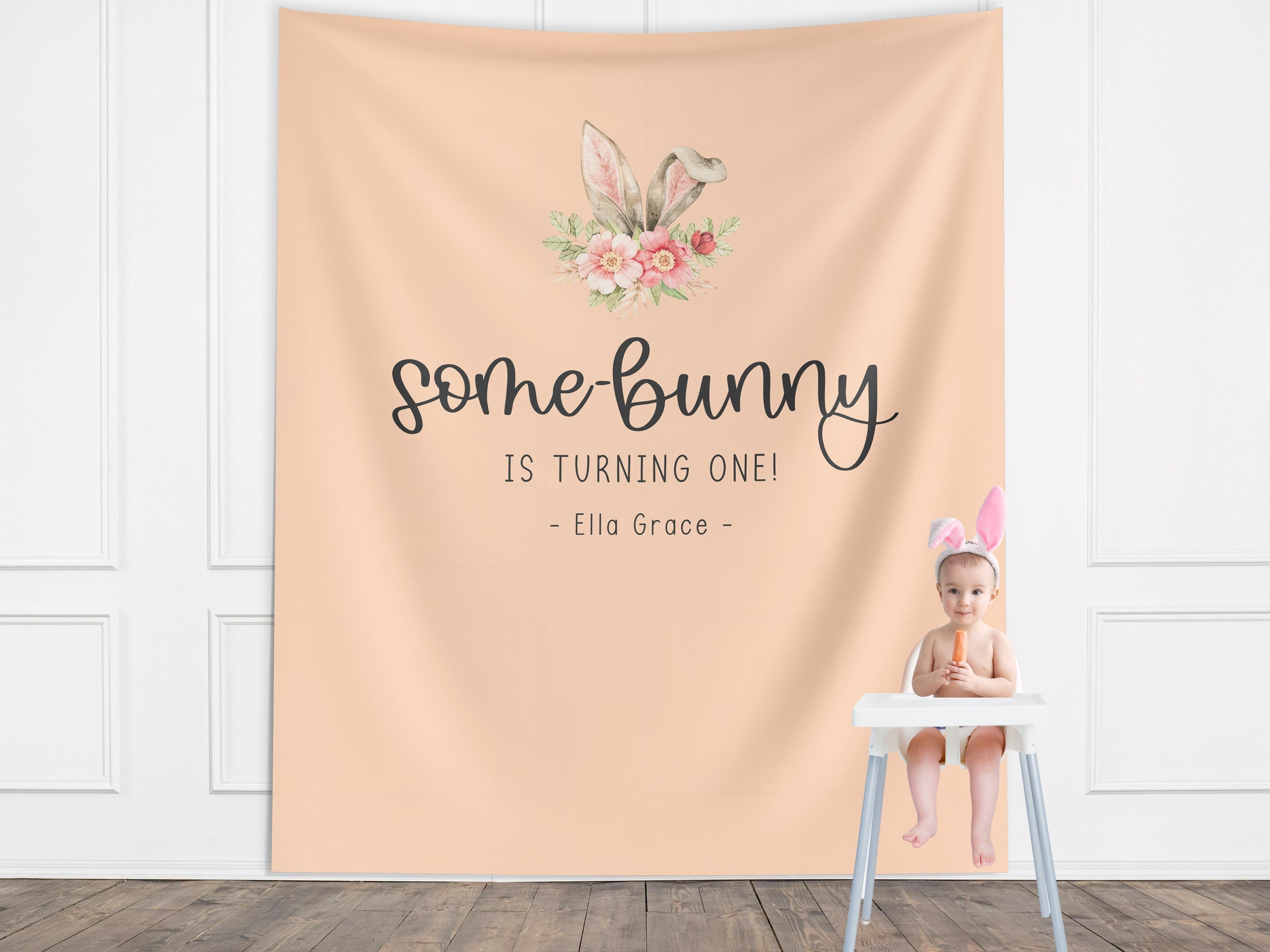 Some Bunny is Turning One Custom Banner,  Bunny Ears Shower Backdrop, Personalized Easter Spring 1st, 2nd or 3rd Birthday Party Banner