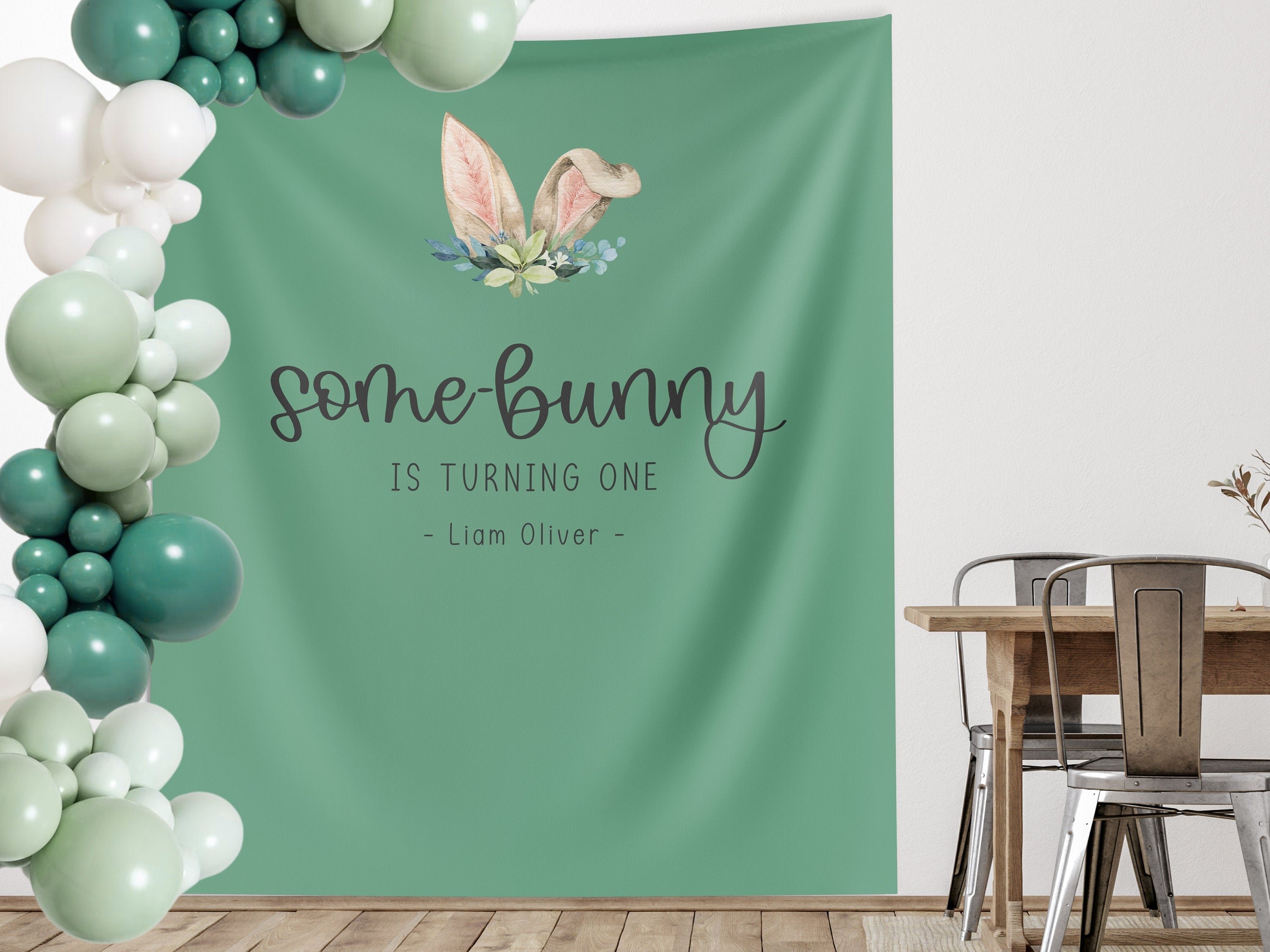 Some Bunny is Turning One Custom Banner,  Bunny Ears Shower Backdrop, Personalized Easter Spring 1st, 2nd or 3rd Birthday Party Banner