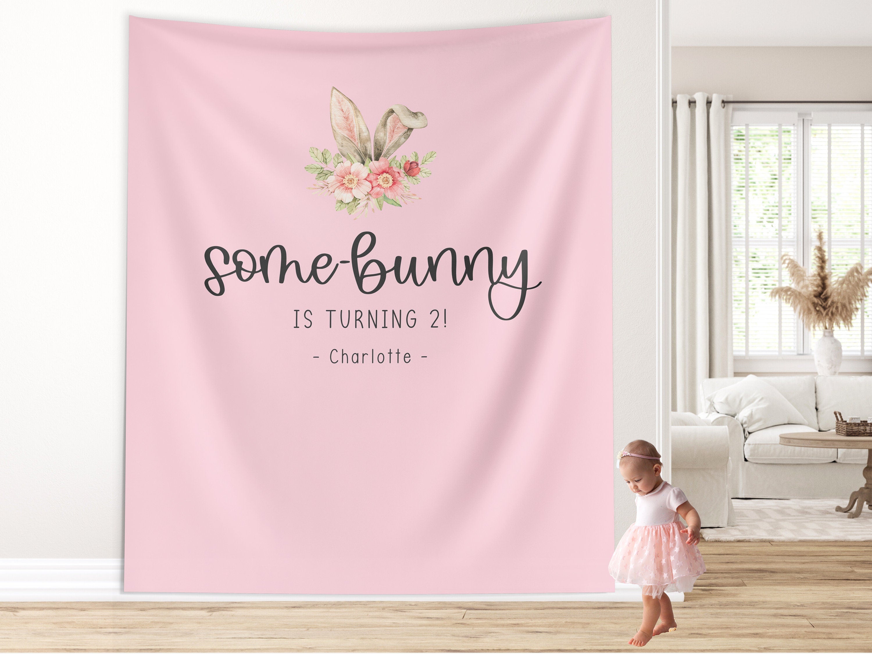 Some Bunny is Turning One Custom Banner,  Bunny Ears Shower Backdrop, Personalized Easter Spring 1st, 2nd or 3rd Birthday Party Banner