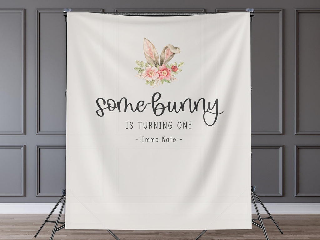 Some Bunny is Turning One Custom Banner,  Bunny Ears Shower Backdrop, Personalized Easter Spring 1st, 2nd or 3rd Birthday Party Banner