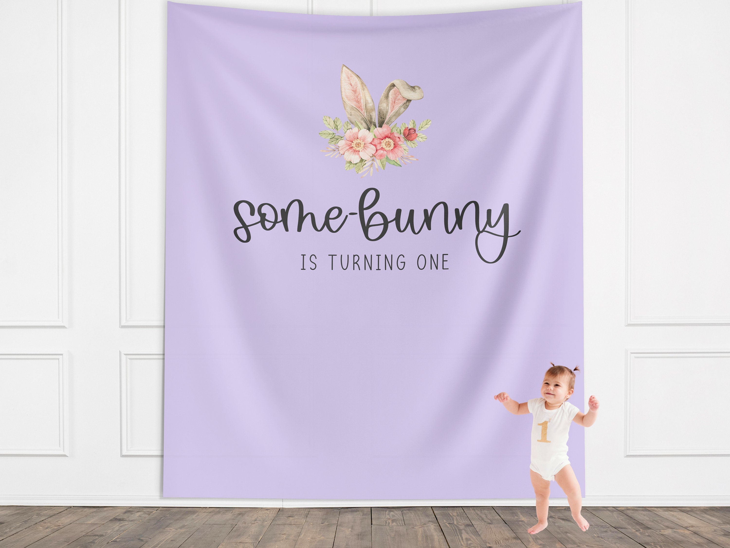Some Bunny is Turning One Custom Banner,  Bunny Ears Shower Backdrop, Personalized Easter Spring 1st, 2nd or 3rd Birthday Party Banner