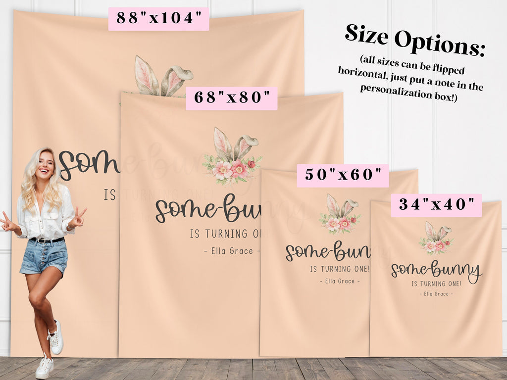 Some Bunny is Turning One Custom Banner,  Bunny Ears Shower Backdrop, Personalized Easter Spring 1st, 2nd or 3rd Birthday Party Banner