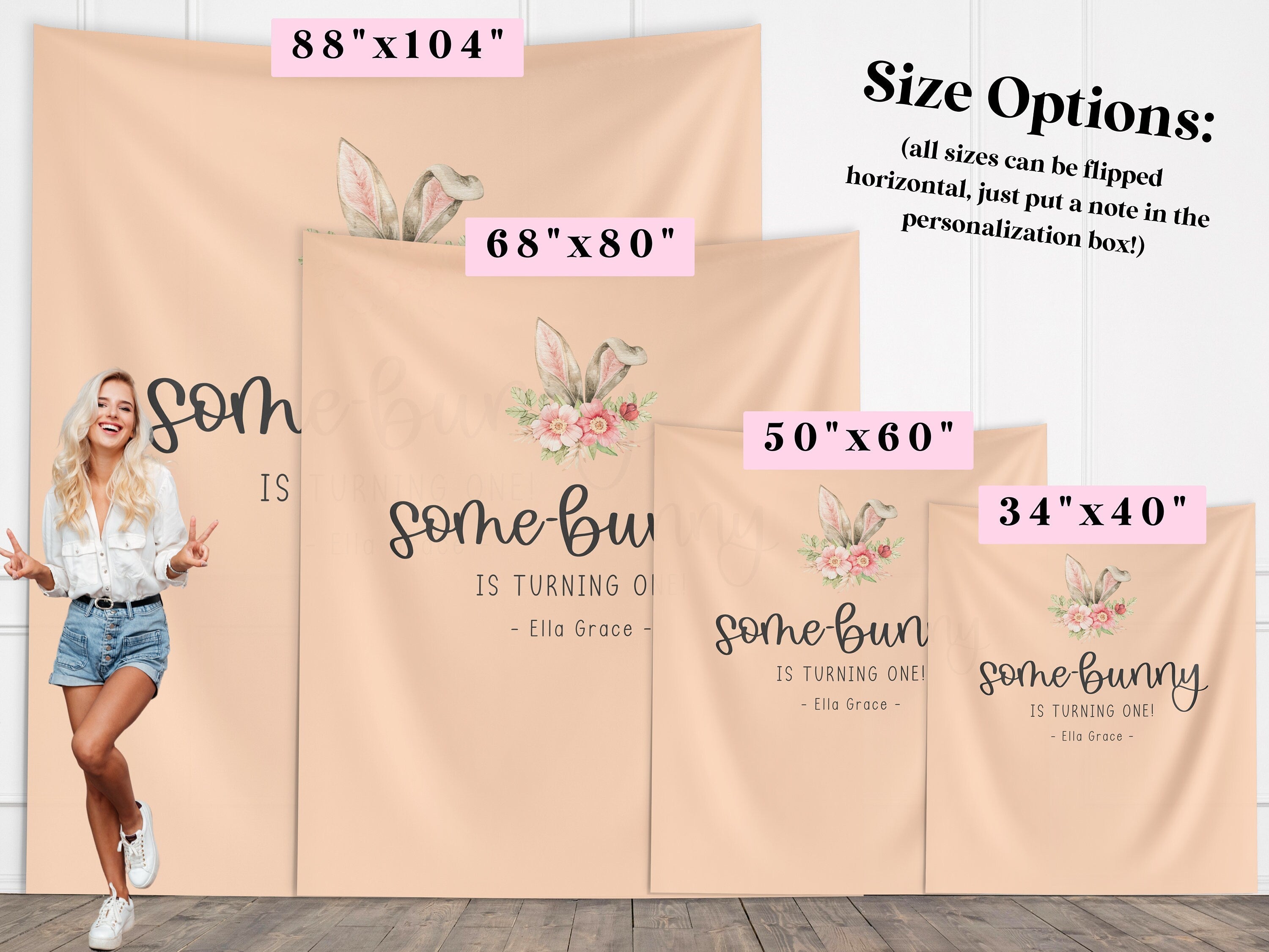 Some Bunny is Turning One Custom Banner,  Bunny Ears Shower Backdrop, Personalized Easter Spring 1st, 2nd or 3rd Birthday Party Banner