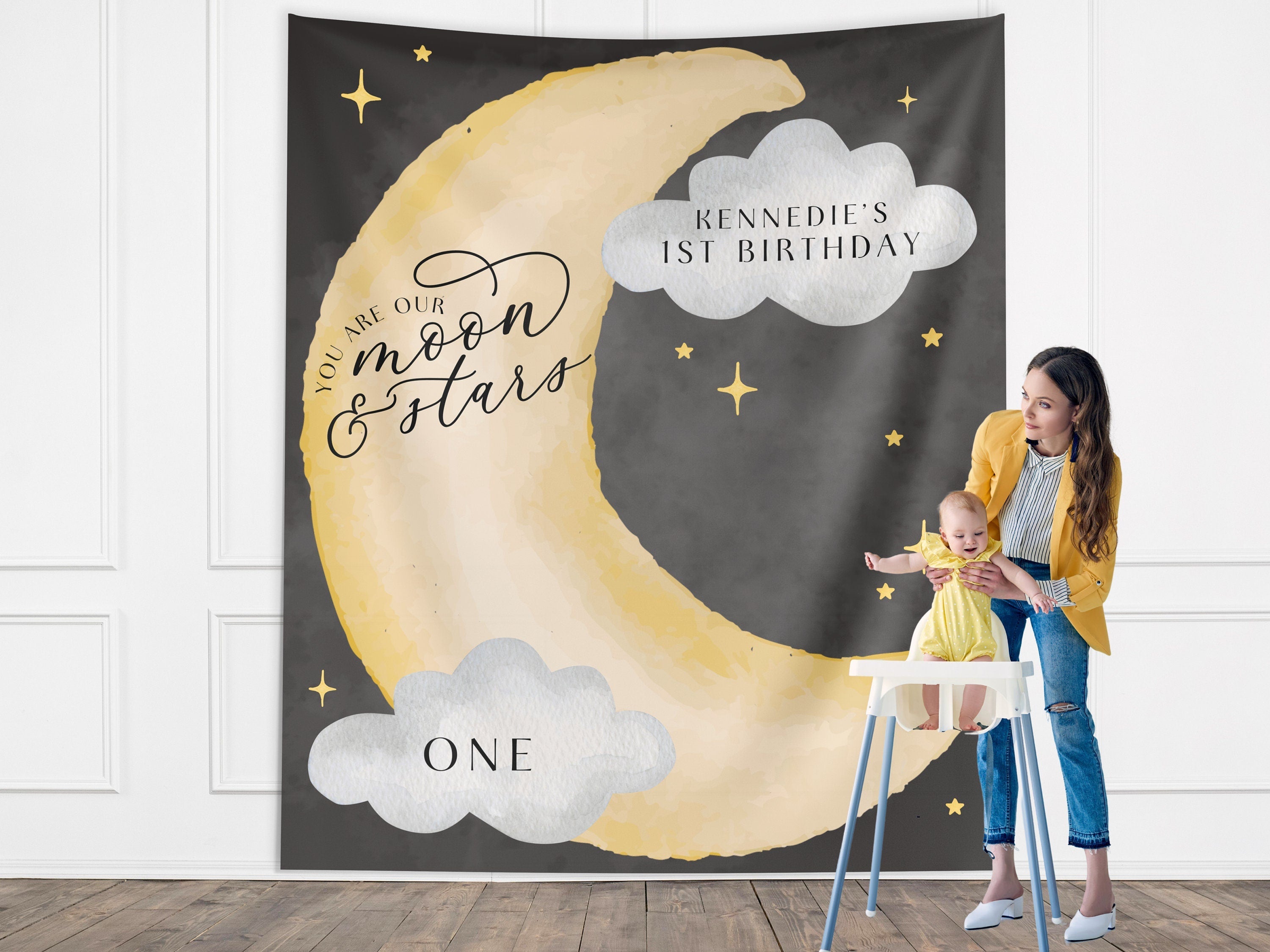 Moon and Stars Birthday Banner, Over the Moon Backdrop, Twinkle Little Star Gender Reveal Backdrop, Baby Shower, Two the Moon, First Trip