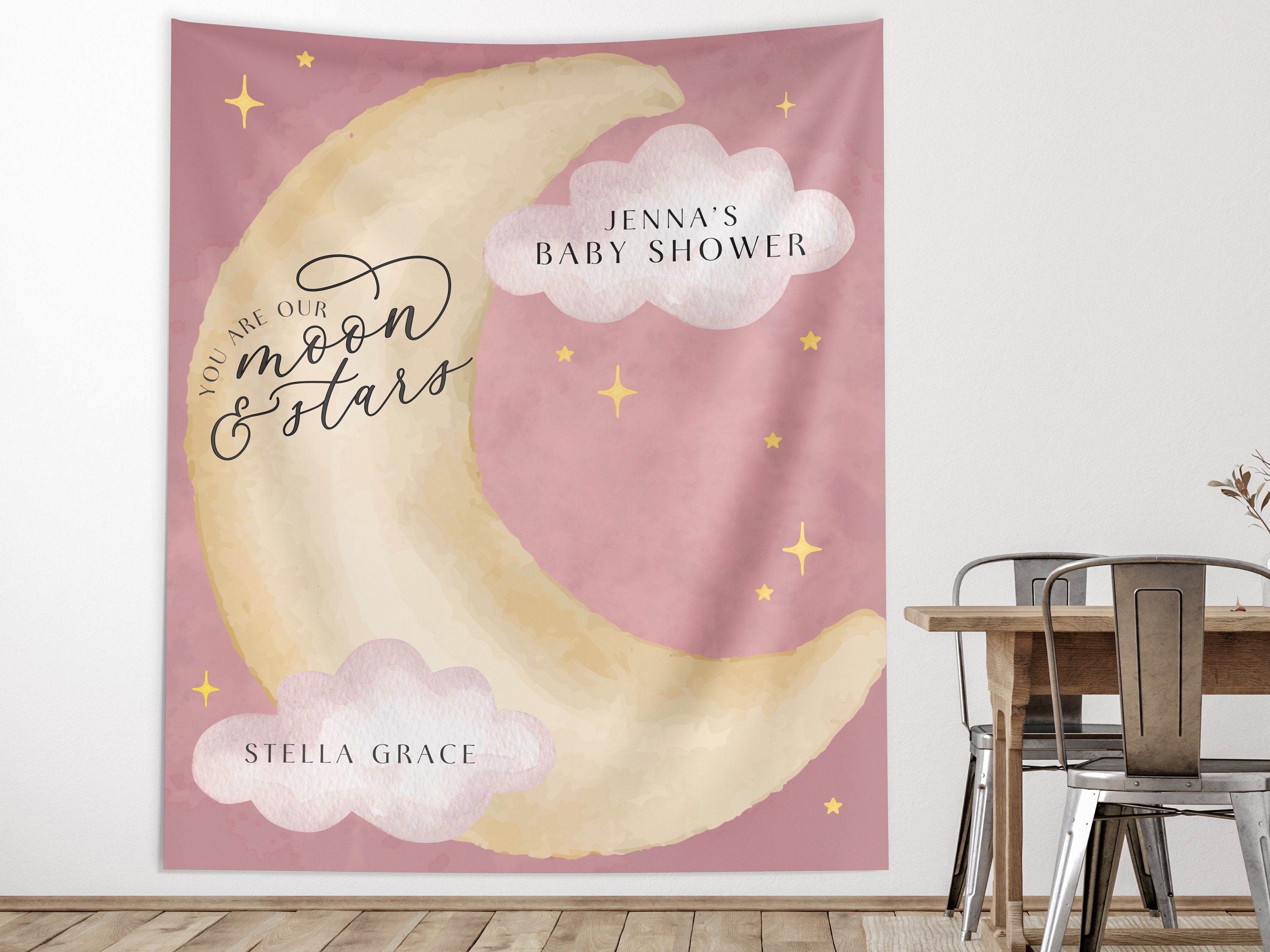 Moon and Stars Birthday Banner, Over the Moon Backdrop, Twinkle Little Star Gender Reveal Backdrop, Baby Shower, Two the Moon, First Trip