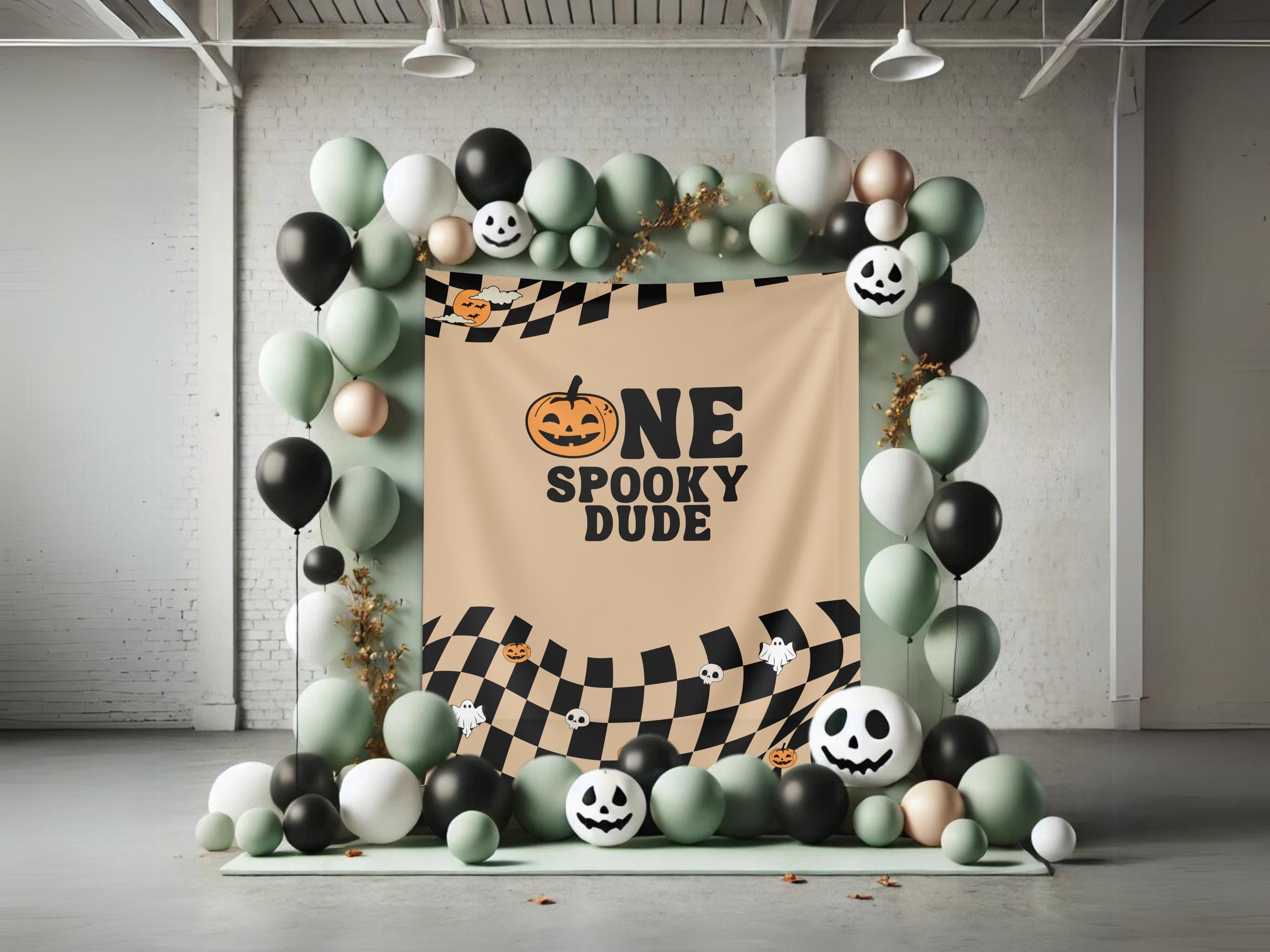 One Spooky Dude Halloween Birthday Party Banner, Completely Customizable Text Name Backdrop, Our Little Boo, Our Little Pumpkin, Two Spooky