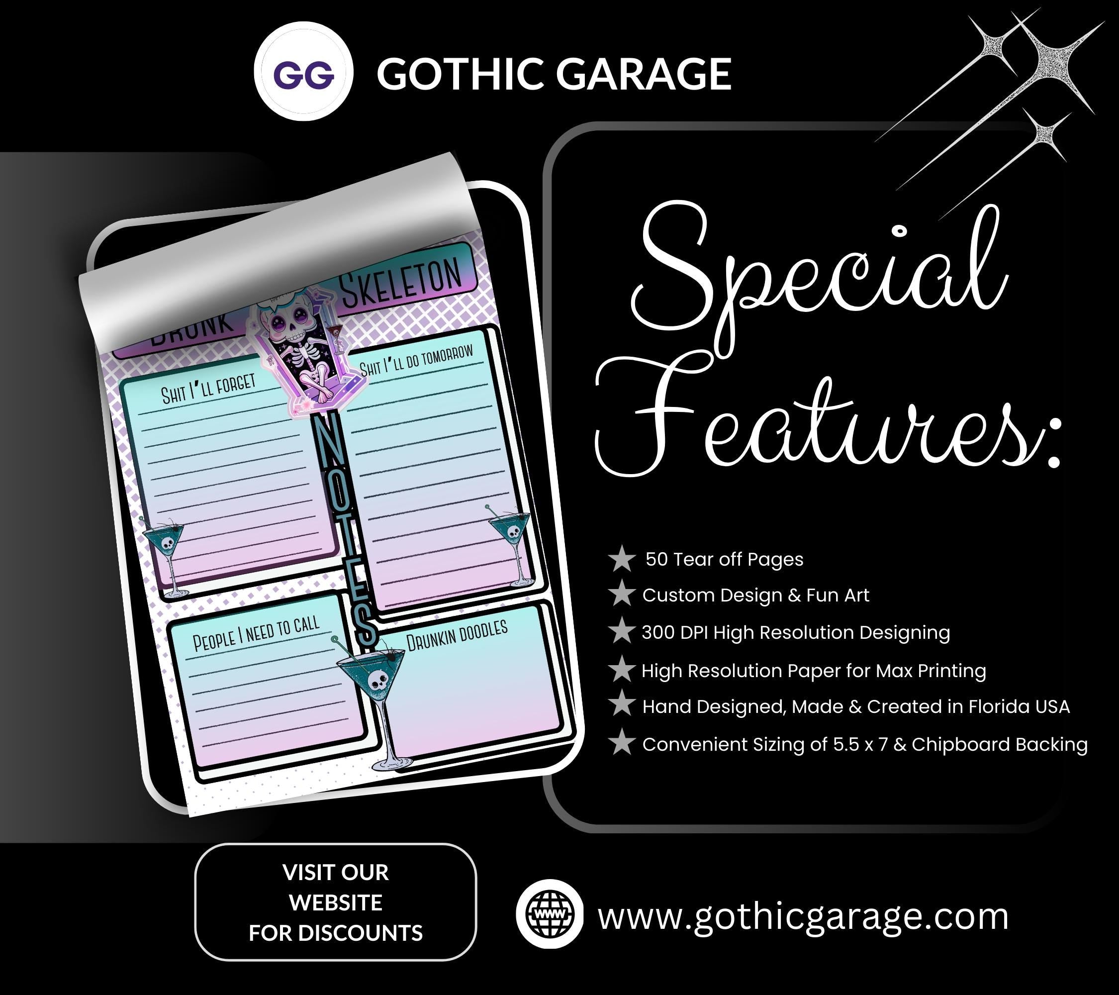 Gothic Kawaii Drunk Skeleton Notepad: Task Management Stationery