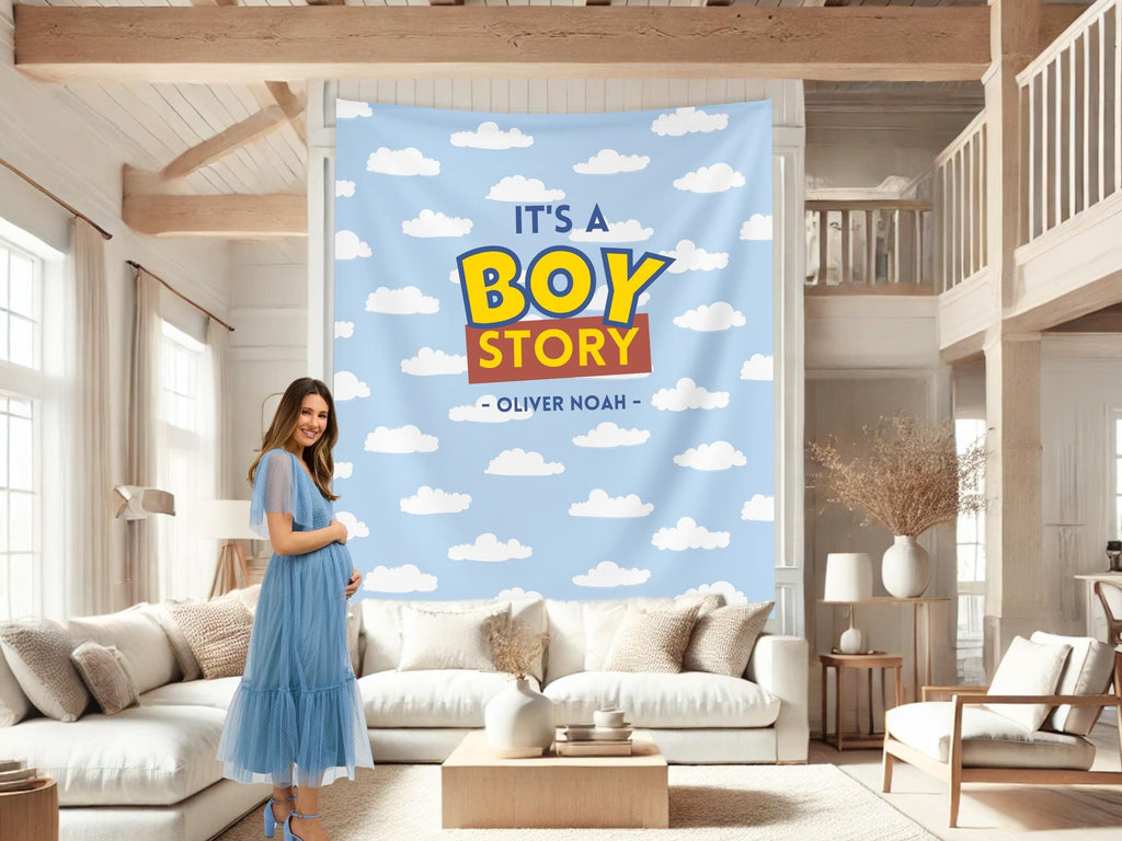It's a Boy Story Custom Baby Shower Backdrop Banner, Custom Story Backdrop, Boy Shower Theme, Blue Cloud, Toy Classic Bright, Muted Colors