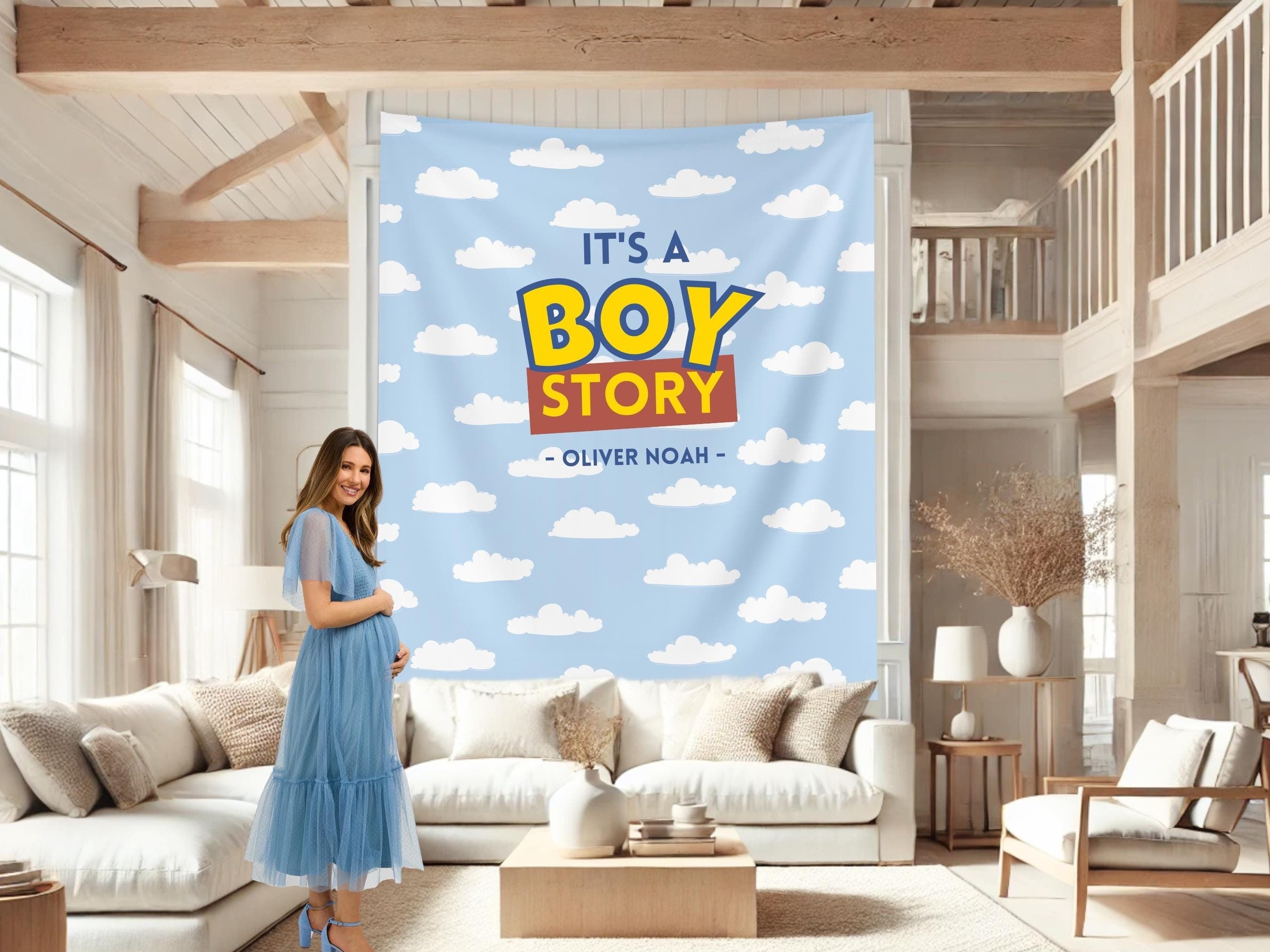 It's a Boy Story Custom Baby Shower Backdrop Banner, Custom Story Backdrop, Boy Shower Theme, Blue Cloud, Toy Classic Bright, Muted Colors