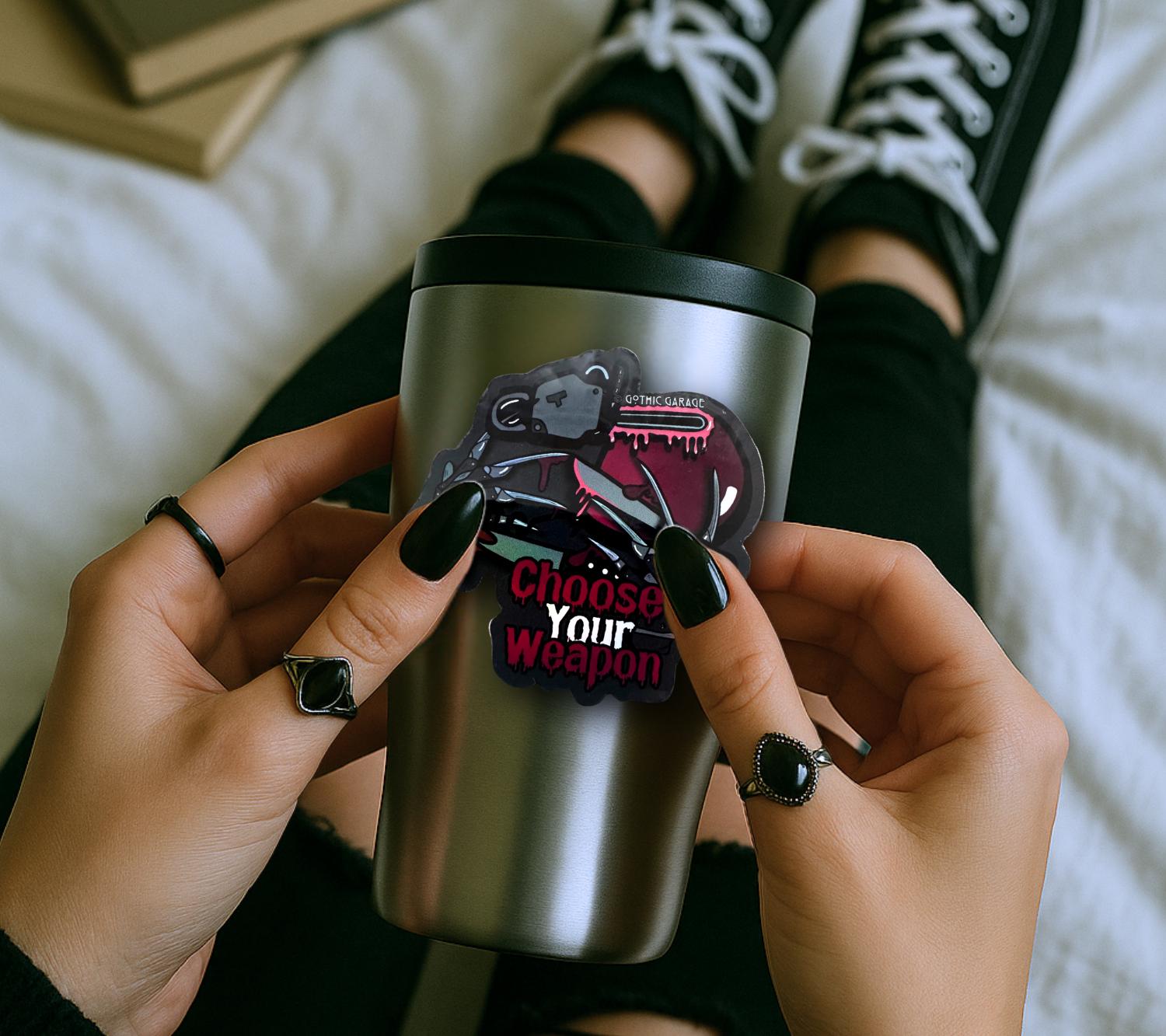 Horror Junkie Weapons, Waterproof Die Cut Sticker, Choose Between Glossy or Holographic, Perfect to Add Retro & Vintage Fun to any Surface