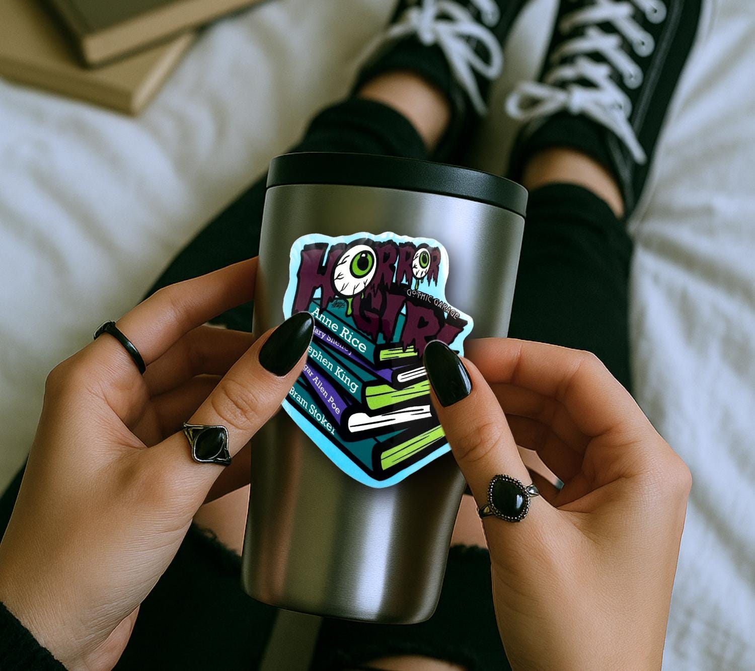 Horror Girl Book Lover Sticker: Gothic Waterproof Vinyl Decal