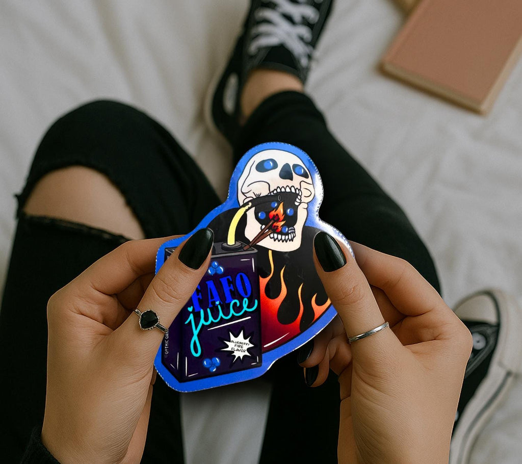 FAFO Juice Skull Sticker: Gothic Sarcasm, Waterproof Vinyl (Glossy or Holographic)
