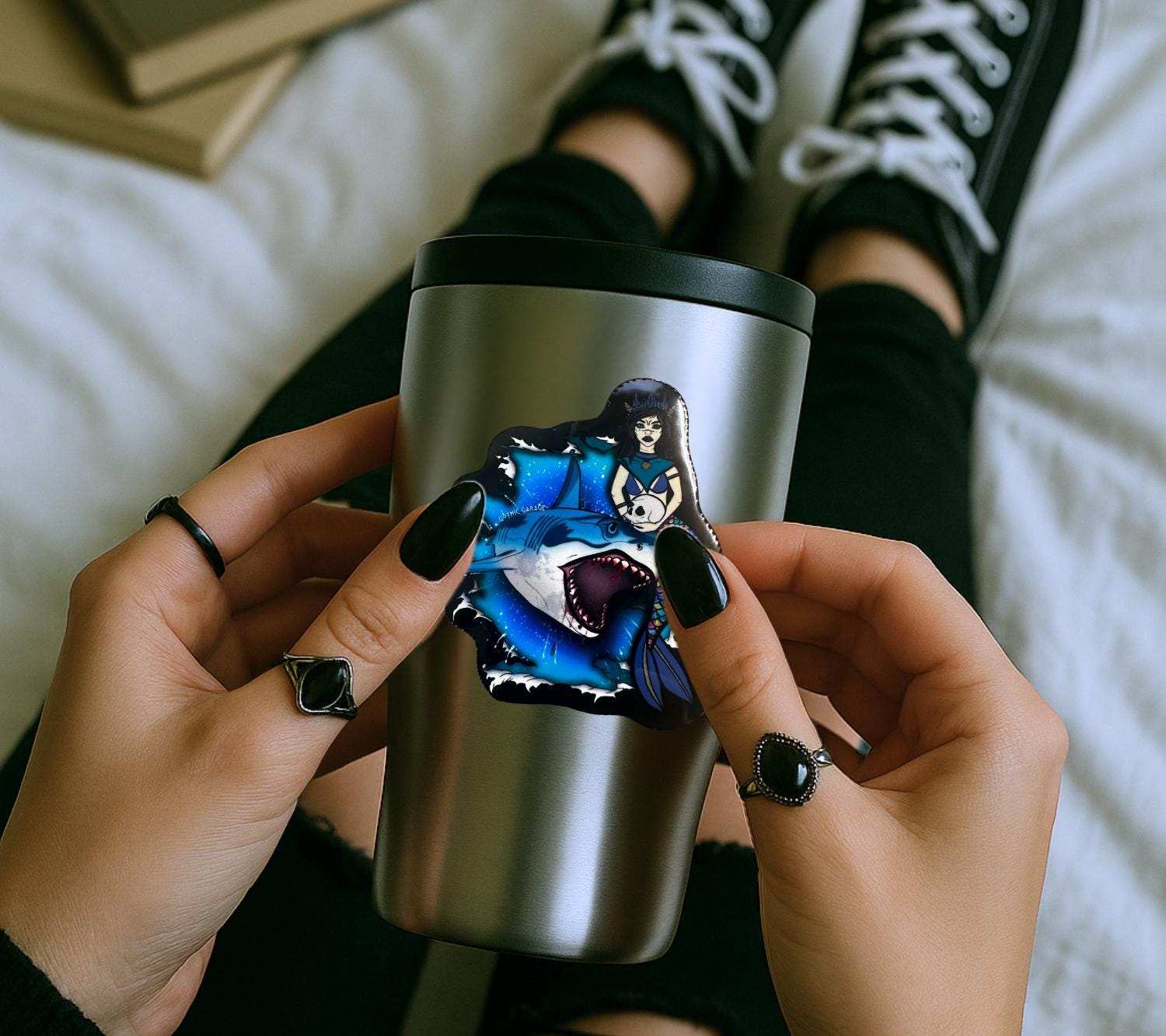 Gothic Siren & Shark Sticker: Waterproof Horror Decal