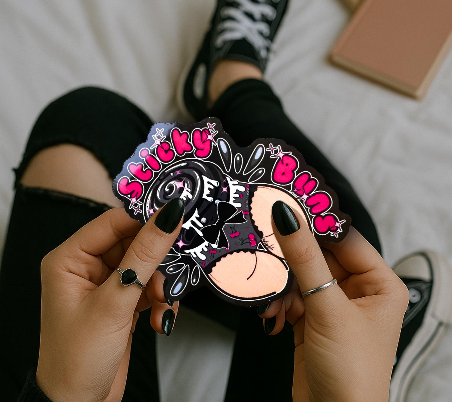 Naughty Goth Sticky Buns Sticker – Waterproof Die Cut, Glossy or Holographic Finish, Fun Gothic Humor Decal