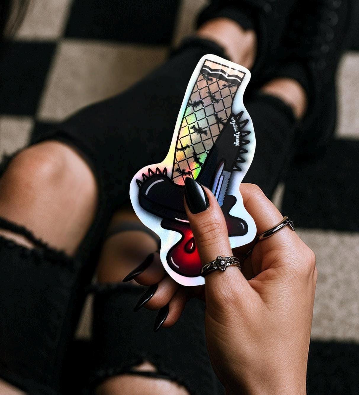 Gothic Punk Heel Sticker: Knife Blade, Fishnet Leg - Waterproof Die Cut
