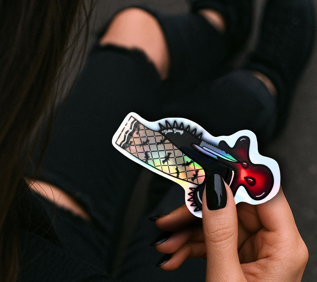 Gothic Punk Heel Sticker: Knife Blade, Fishnet Leg - Waterproof Die Cut