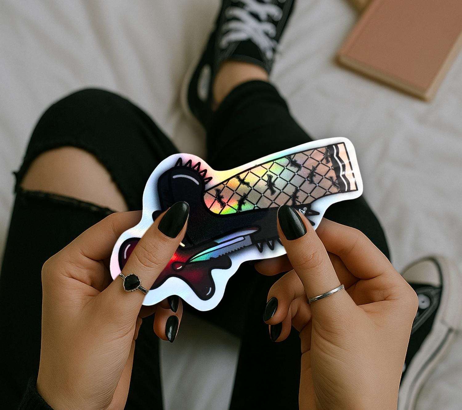 Gothic Punk Heel Sticker: Knife Blade, Fishnet Leg - Waterproof Die Cut