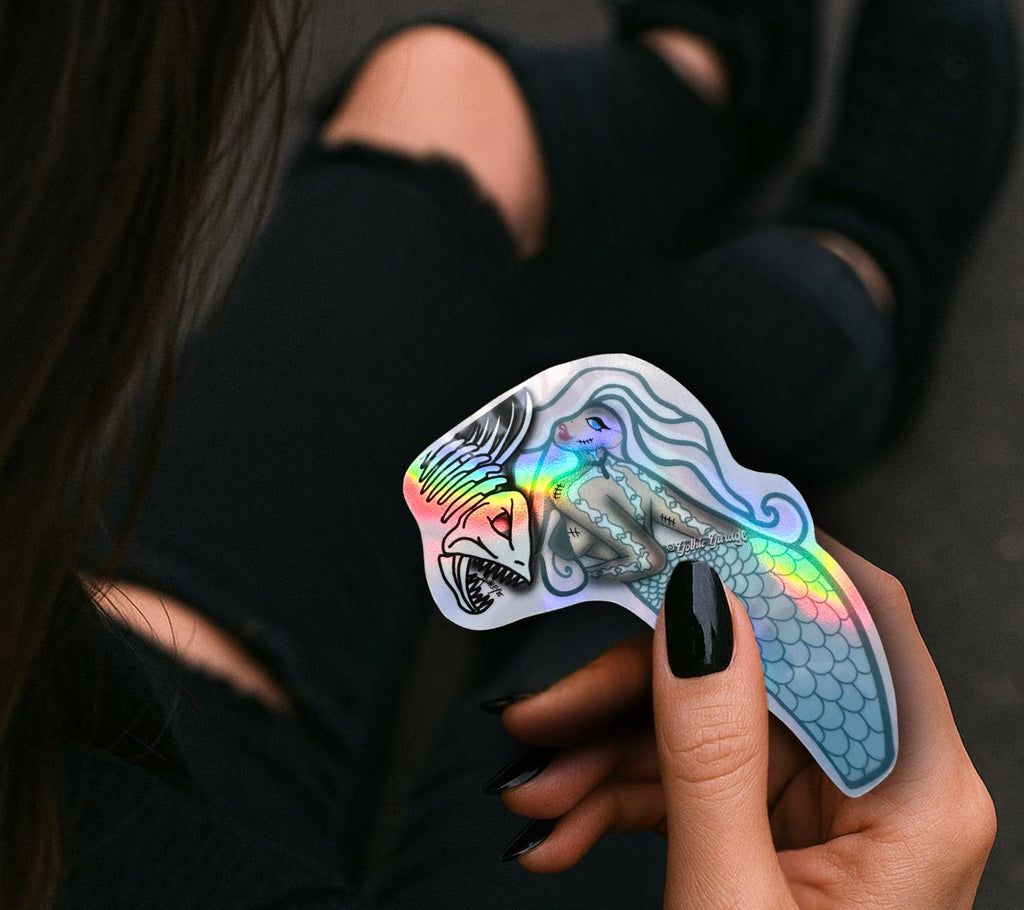 Undead Piranha Mermaid Sticker: Gothic Waterproof Die Cut