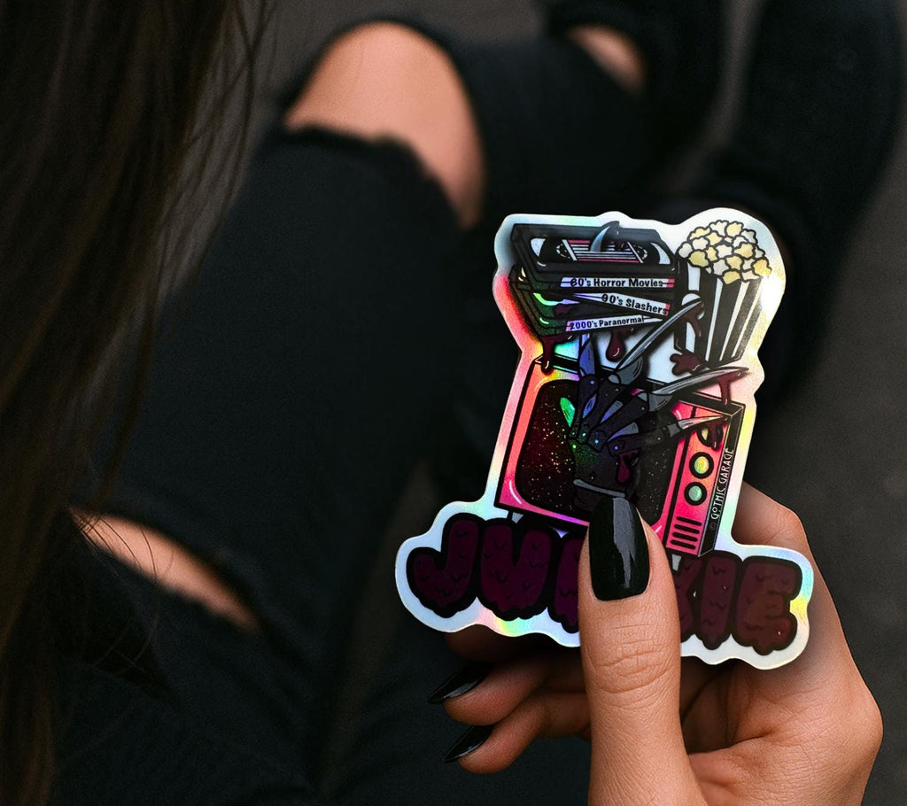 Retro Horror Junkie Sticker: Waterproof Die Cut, Glossy or Holographic