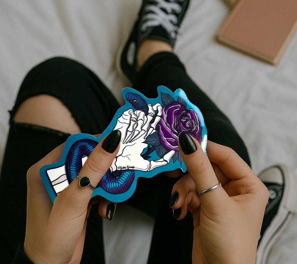 Gothic Snake & Purple Rose Sticker: Waterproof Vinyl Die Cut