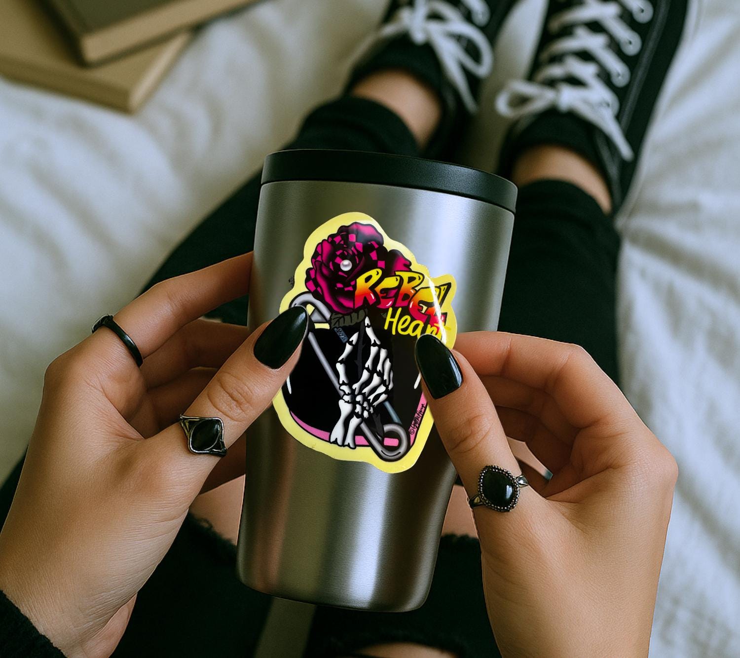 Rebel Heart Punk Sticker: Skeleton Hand, Rose, Safety Pin - Waterproof Die Cut