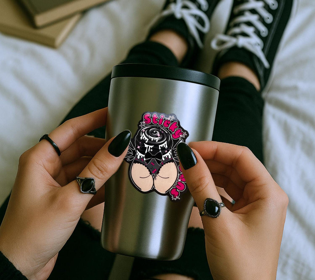 Naughty Goth Sticky Buns Sticker – Waterproof Die Cut, Glossy or Holographic Finish, Fun Gothic Humor Decal