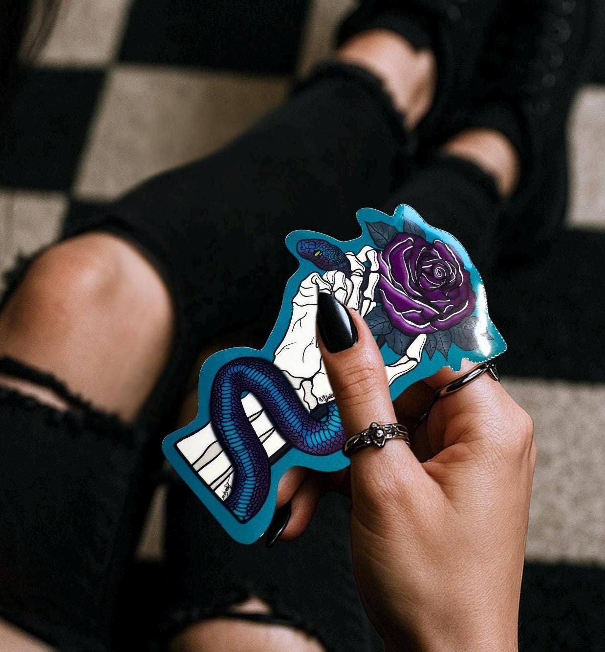 Gothic Snake & Purple Rose Sticker: Waterproof Vinyl Die Cut