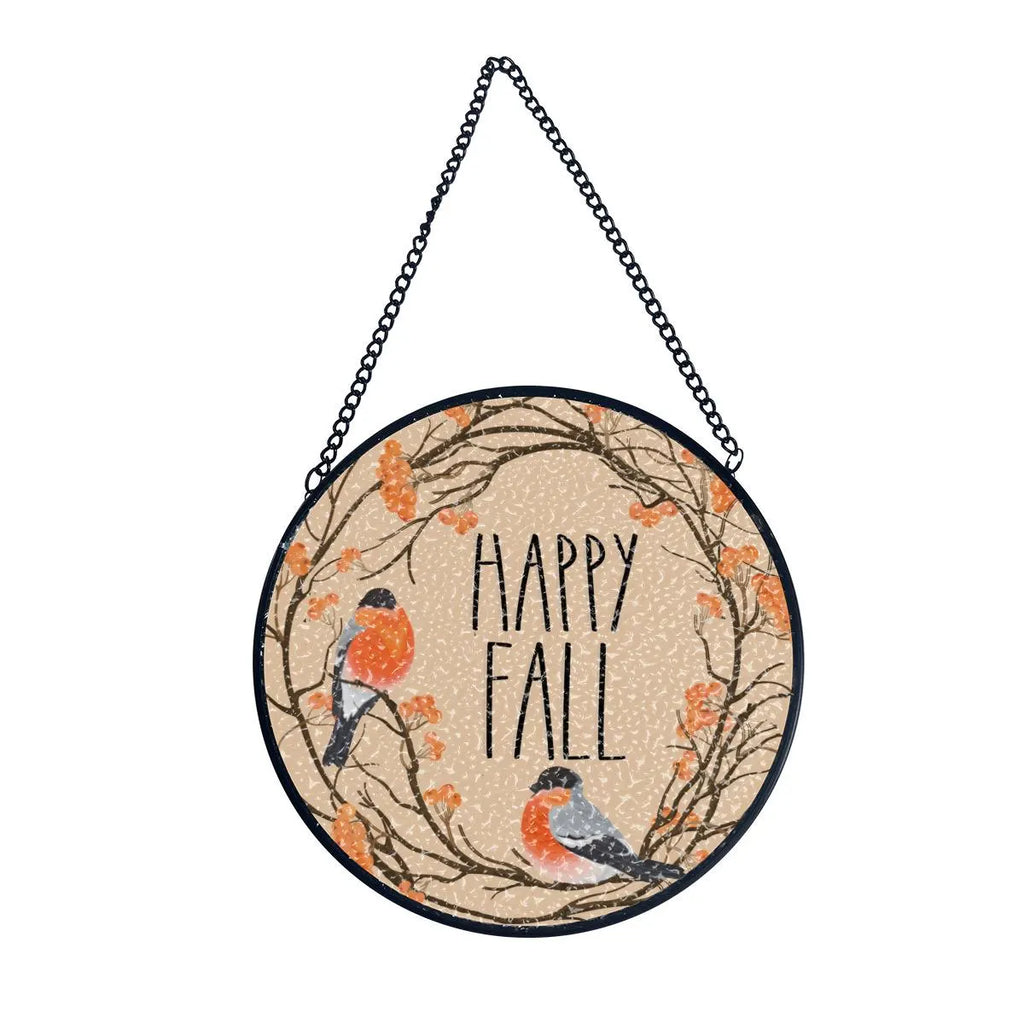 Happy Fall with Orange Birds and Tree Branches Suncatcher