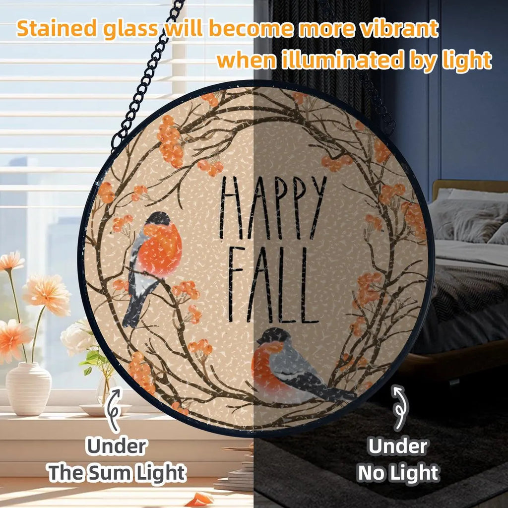 Happy Fall with Orange Birds and Tree Branches Suncatcher
